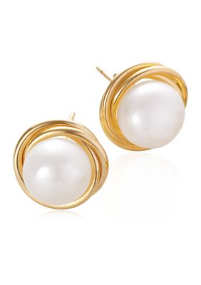 Freshwater Pearl Love Knot Earrings in 14K Yellow Gold