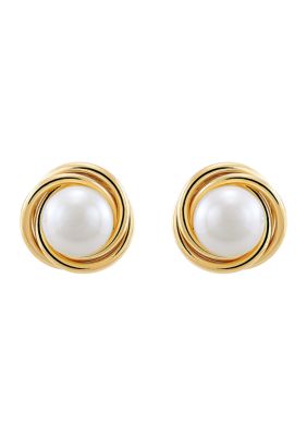 Freshwater Pearl Love Knot Earrings in 14K Yellow Gold