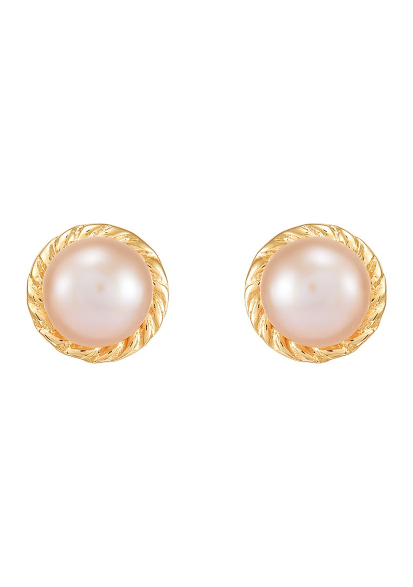Pink Button Pearl Kid Earrings in 14K Yellow Gold