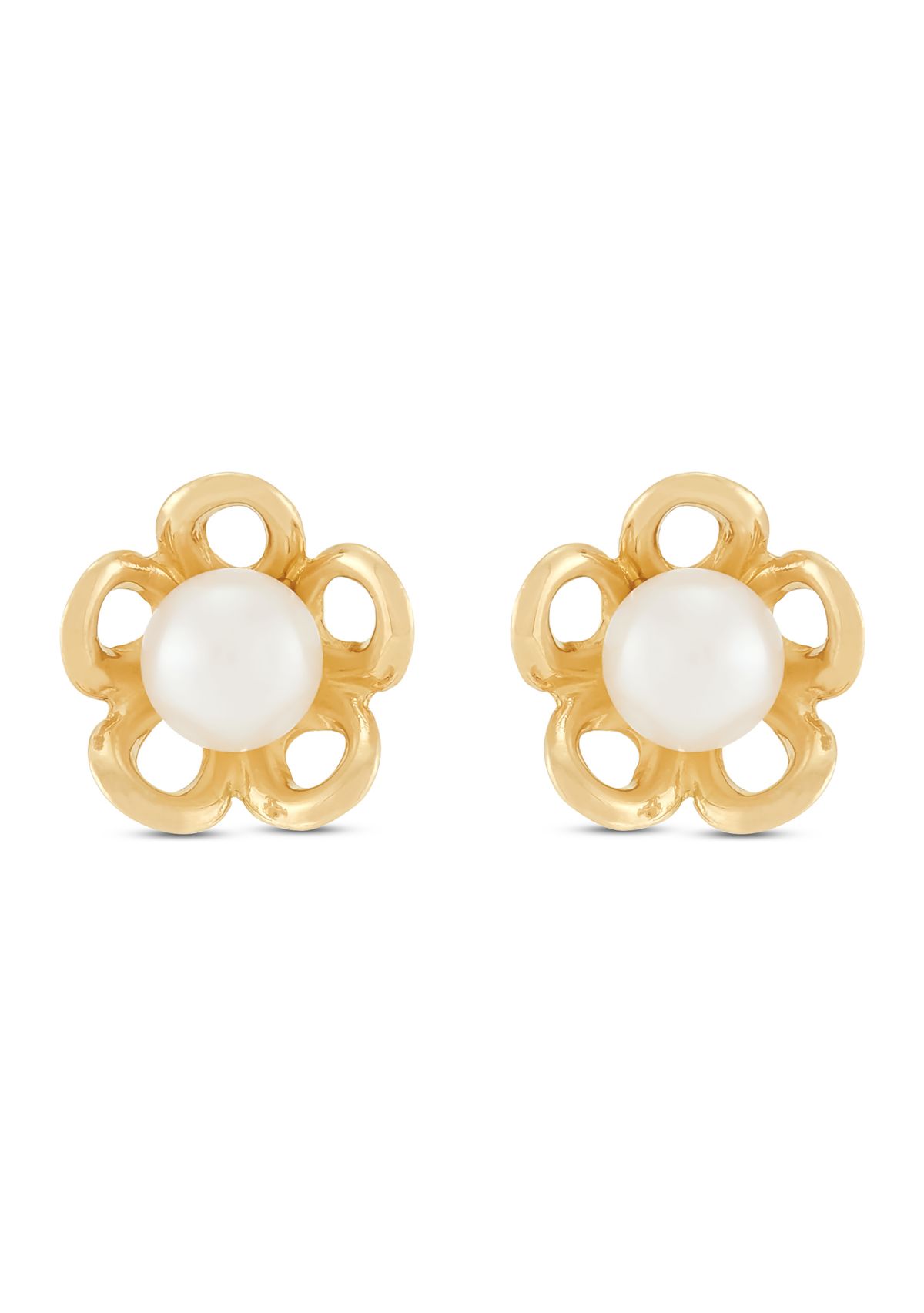 4 Millimeter Button Pearl Open Flower Earrings in 14K Yellow Gold