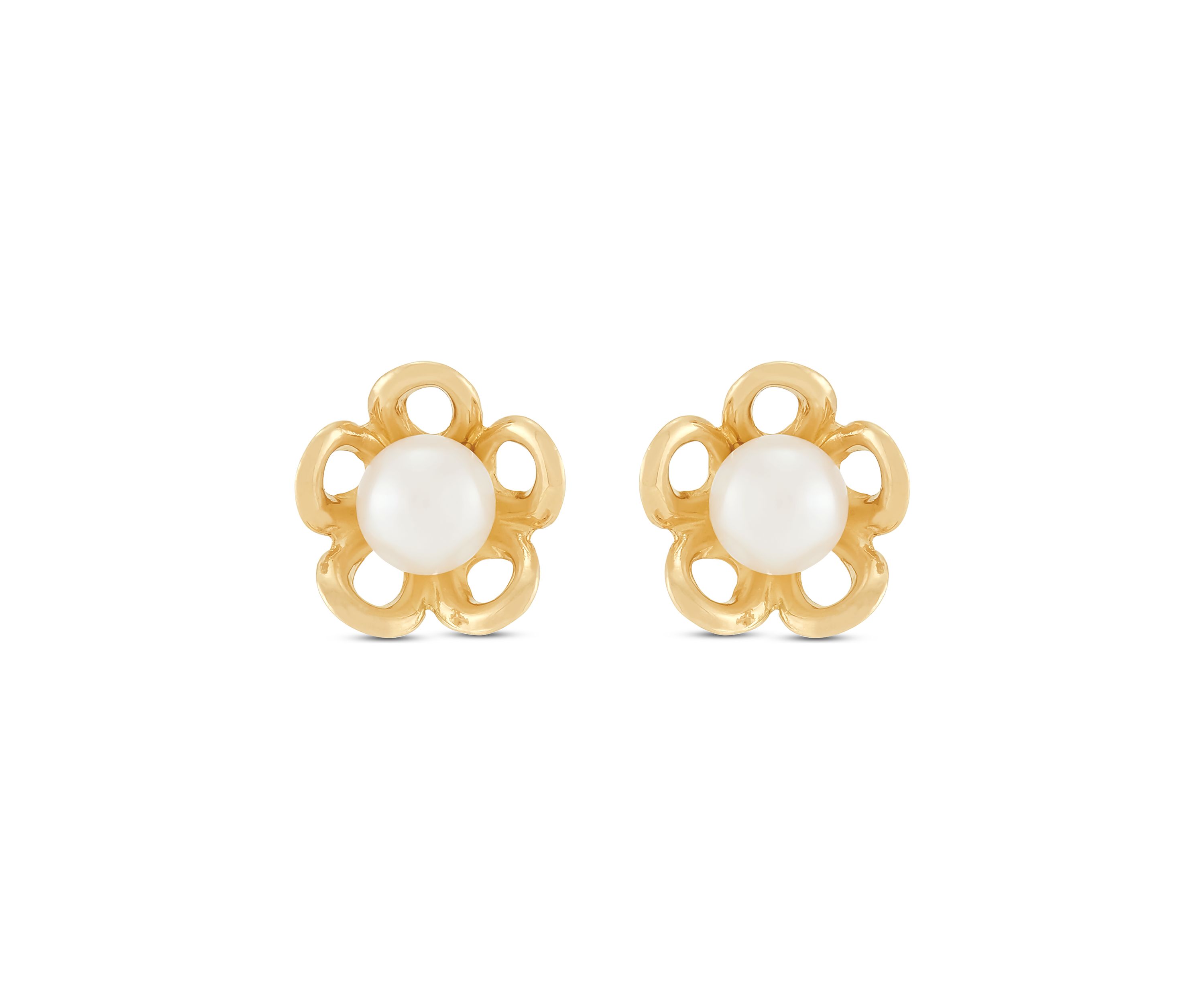 4 Millimeter Button Pearl Open Flower Earrings in 14K Yellow Gold