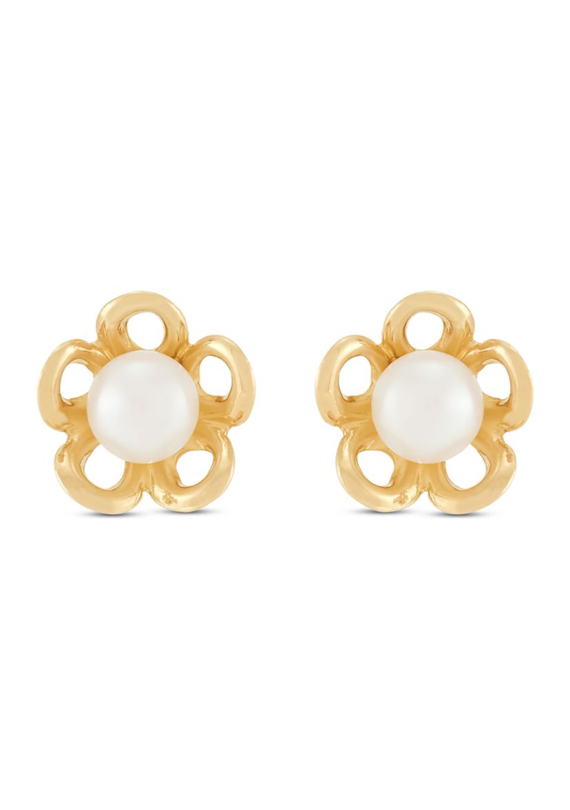 4 Millimeter Button Pearl Open Flower Earrings in 14K Yellow Gold