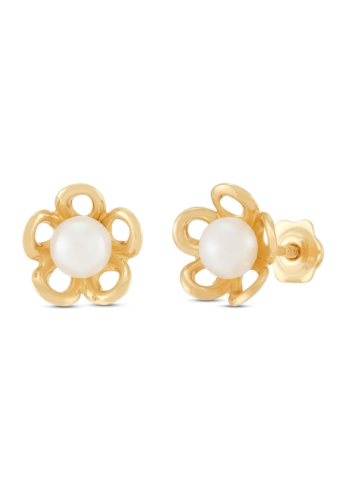4 Millimeter Button Pearl Open Flower Earrings in 14K Yellow Gold