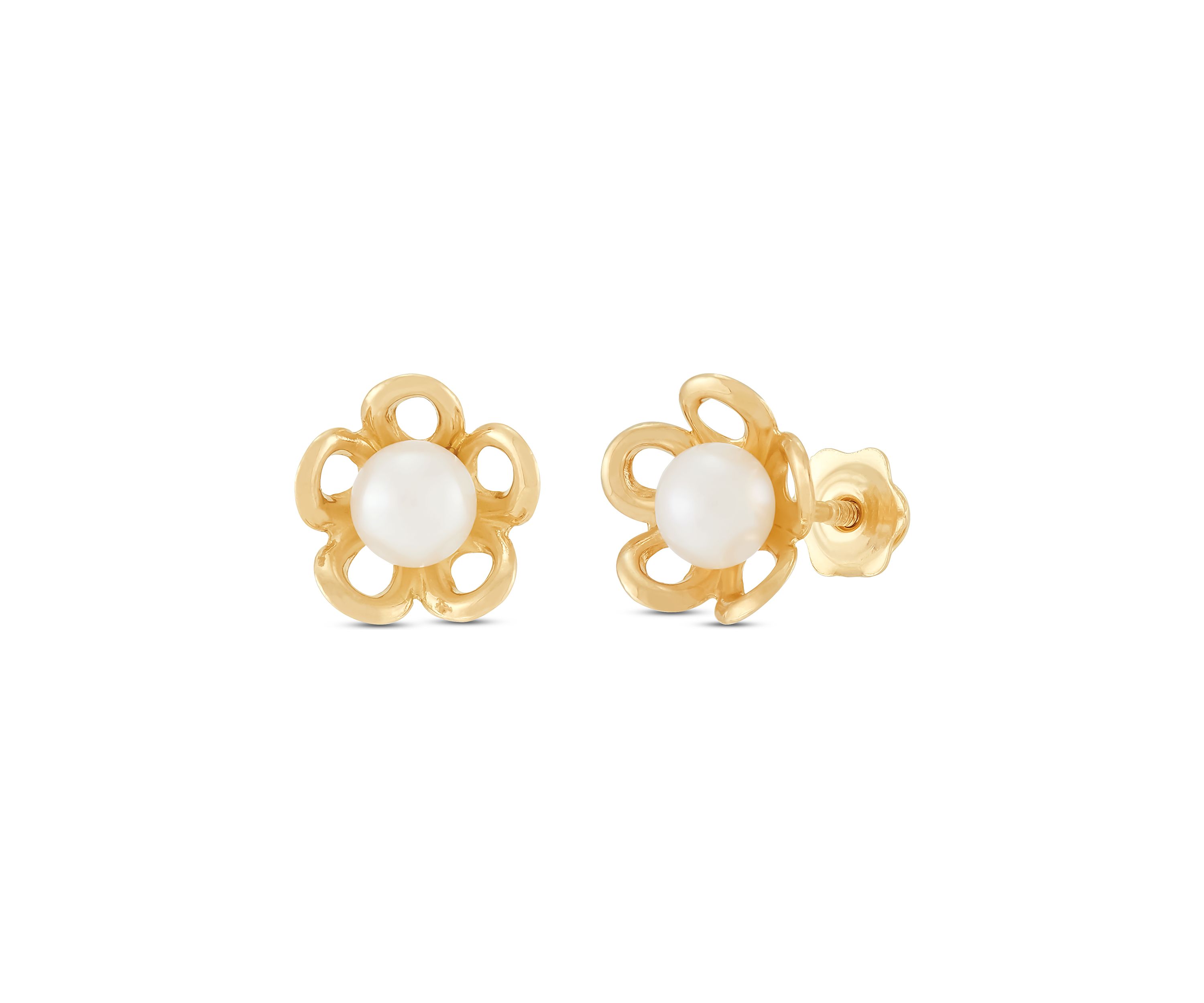 4 Millimeter Button Pearl Open Flower Earrings in 14K Yellow Gold