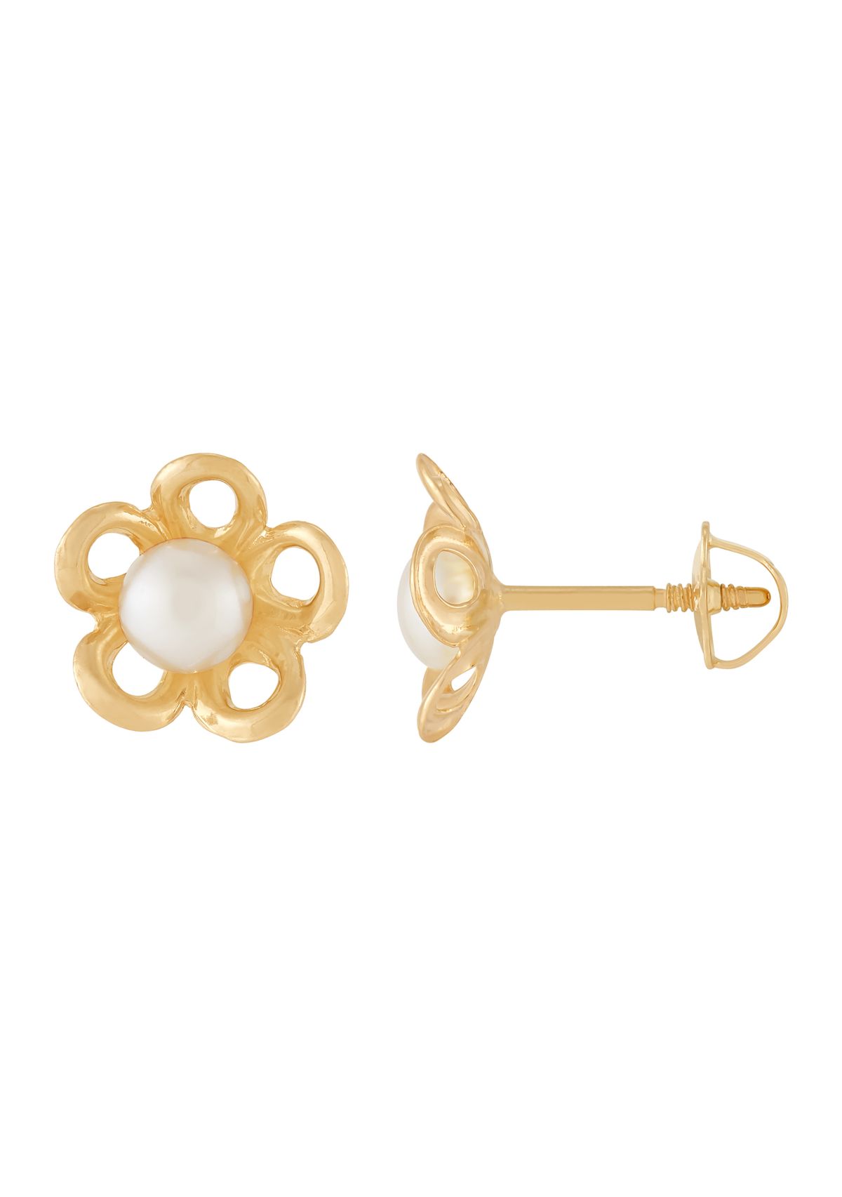 4 Millimeter Button Pearl Open Flower Earrings in 14K Yellow Gold