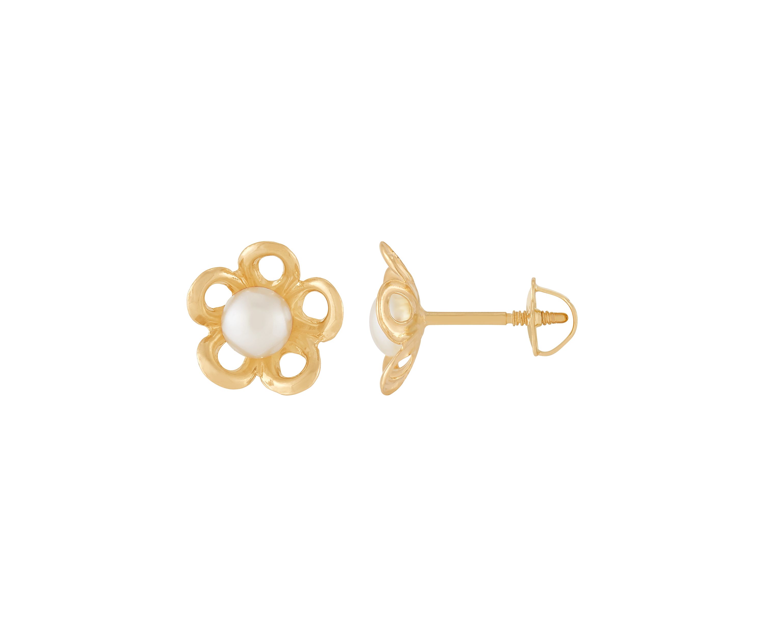 4 Millimeter Button Pearl Open Flower Earrings in 14K Yellow Gold