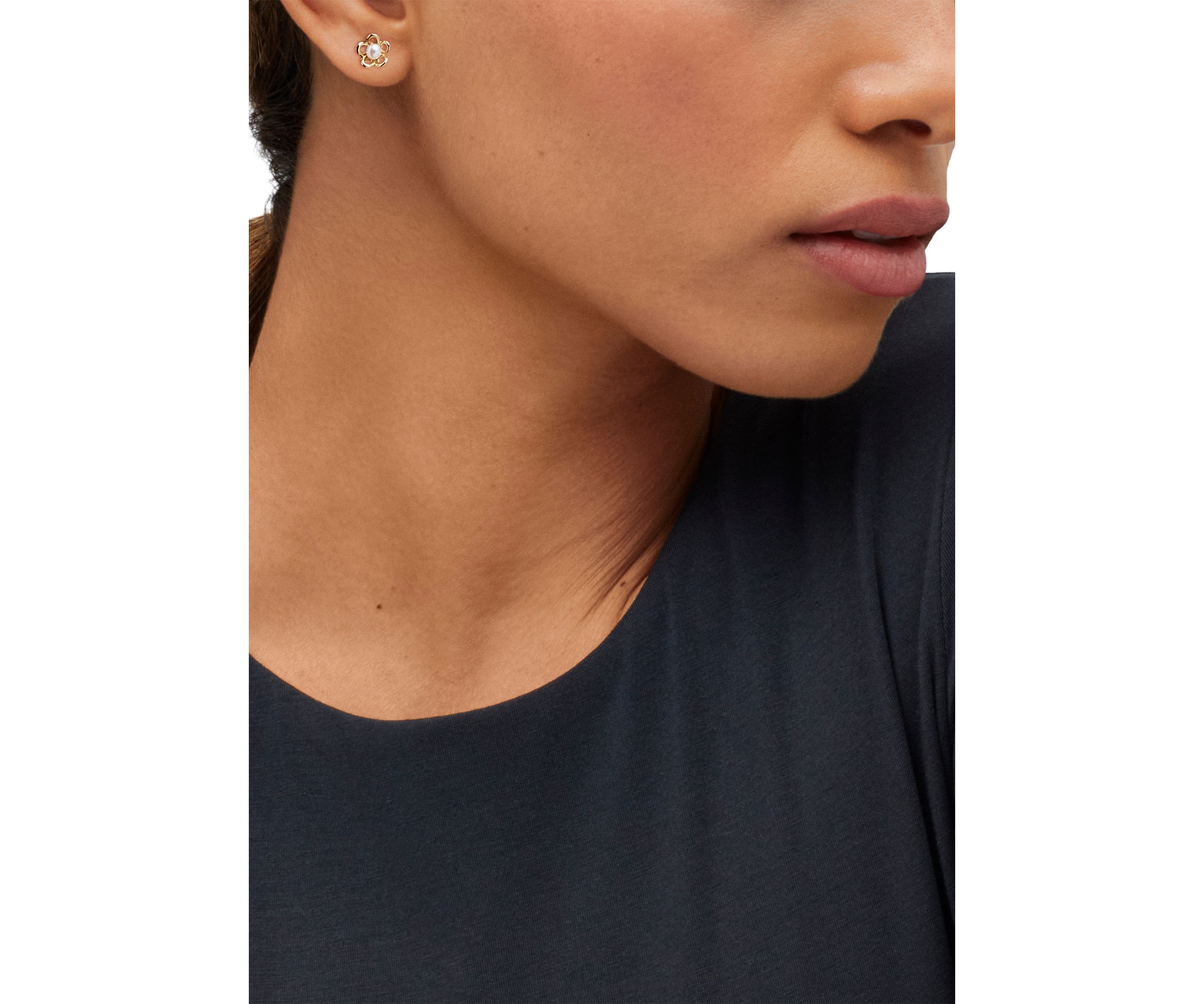 4 Millimeter Button Pearl Open Flower Earrings in 14K Yellow Gold