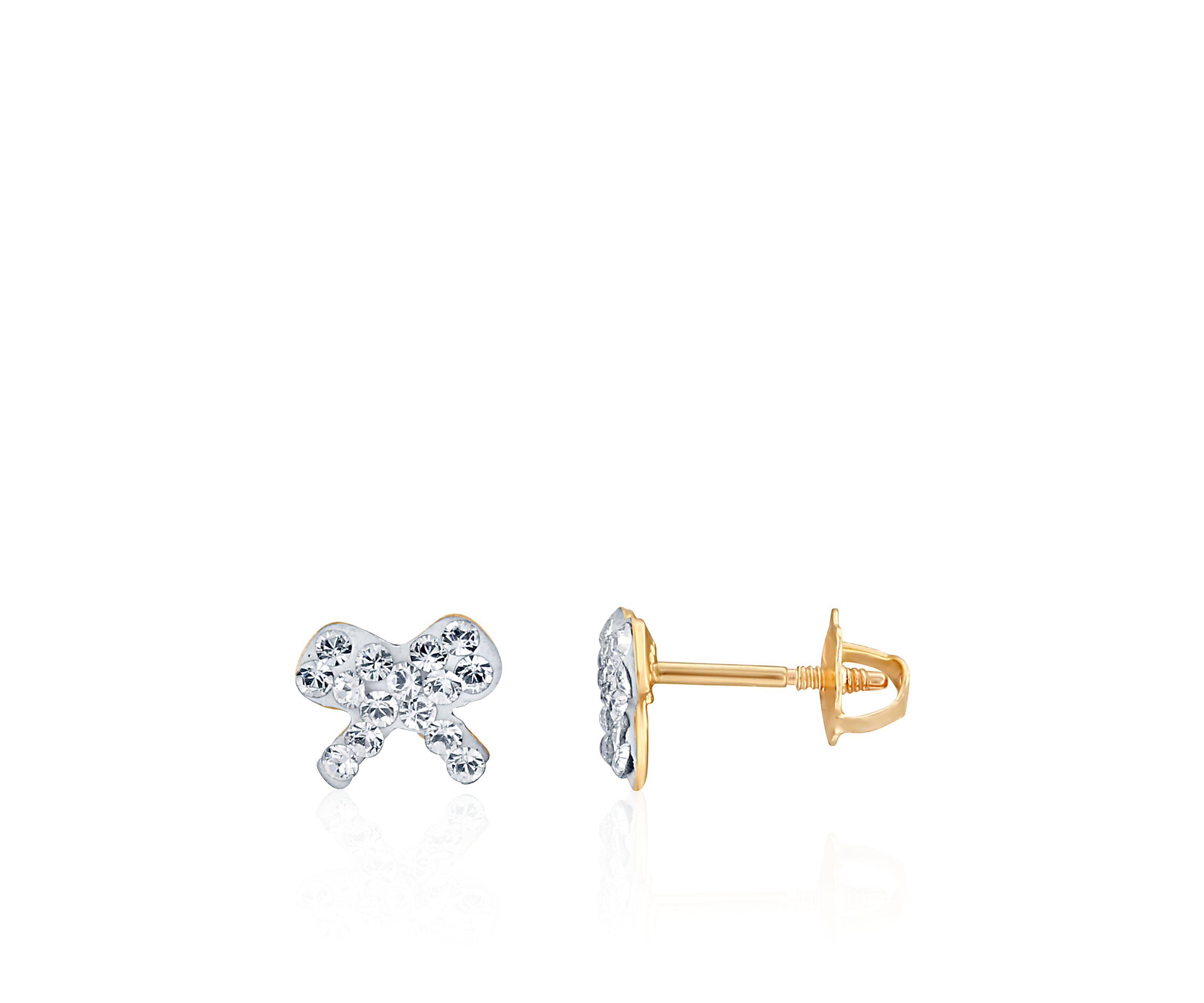 Kids White Crystal Bow Earrings in 14K Yellow Gold