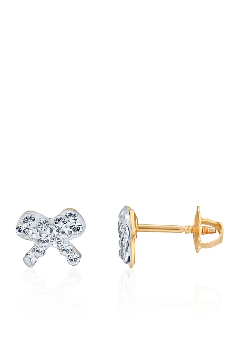 Kids White Crystal Bow Earrings in 14K Yellow Gold