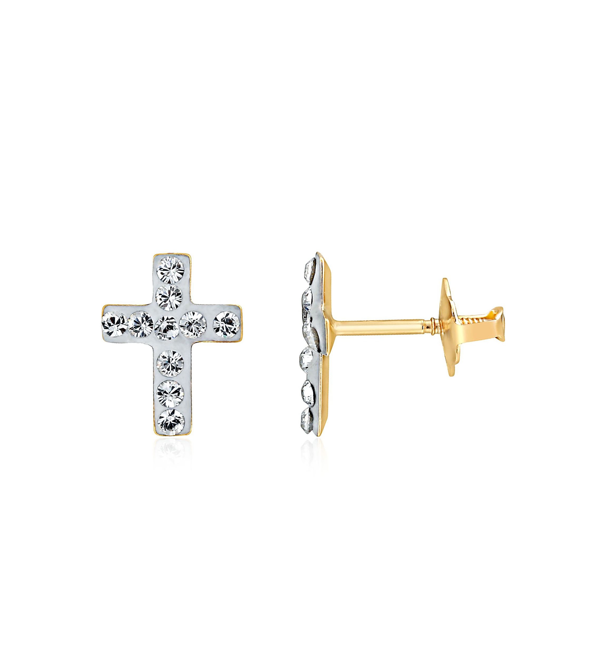 Kids White Crystal Earrings in 14k Yellow Gold