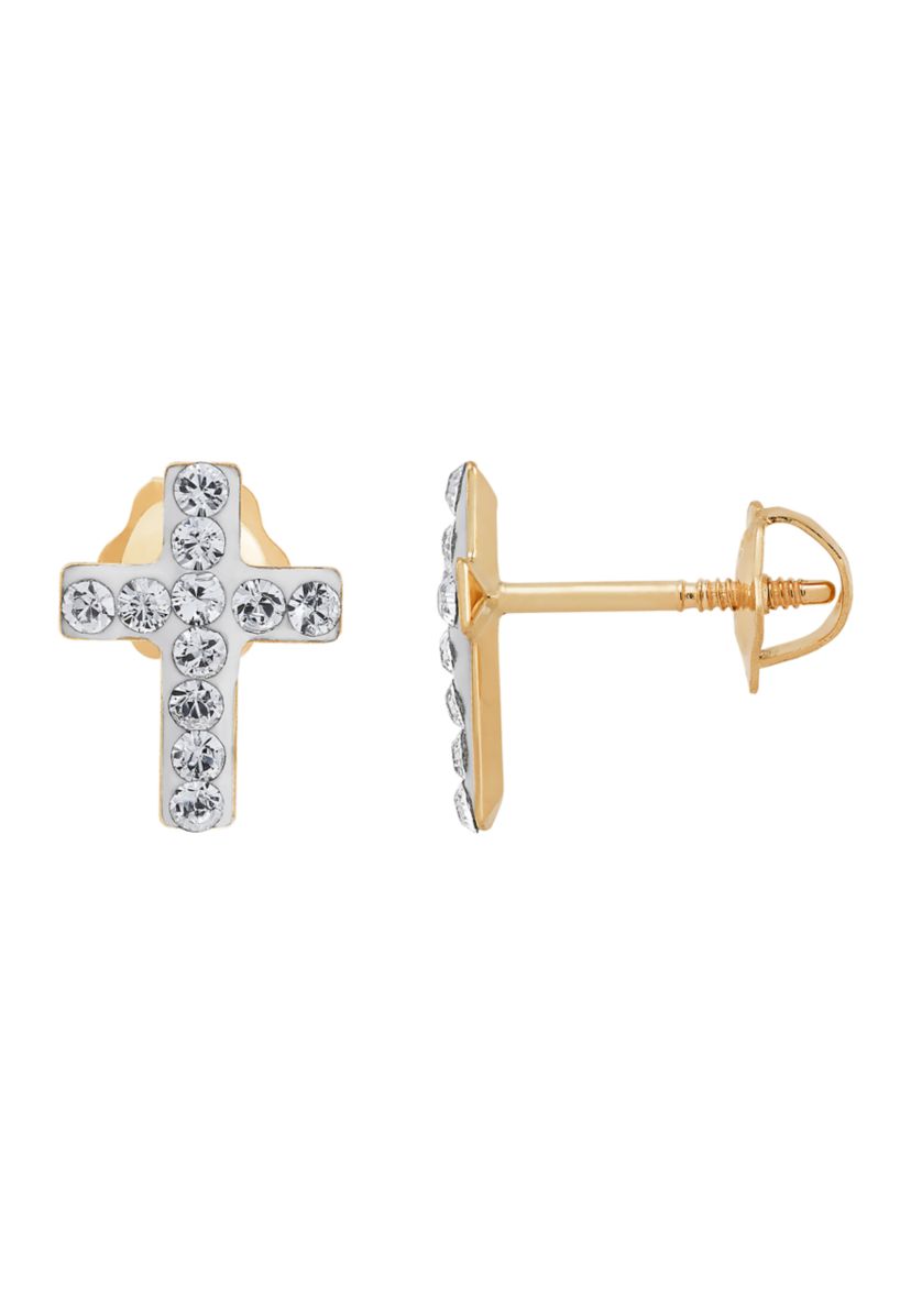 Kids White Crystal Earrings in 14k Yellow Gold