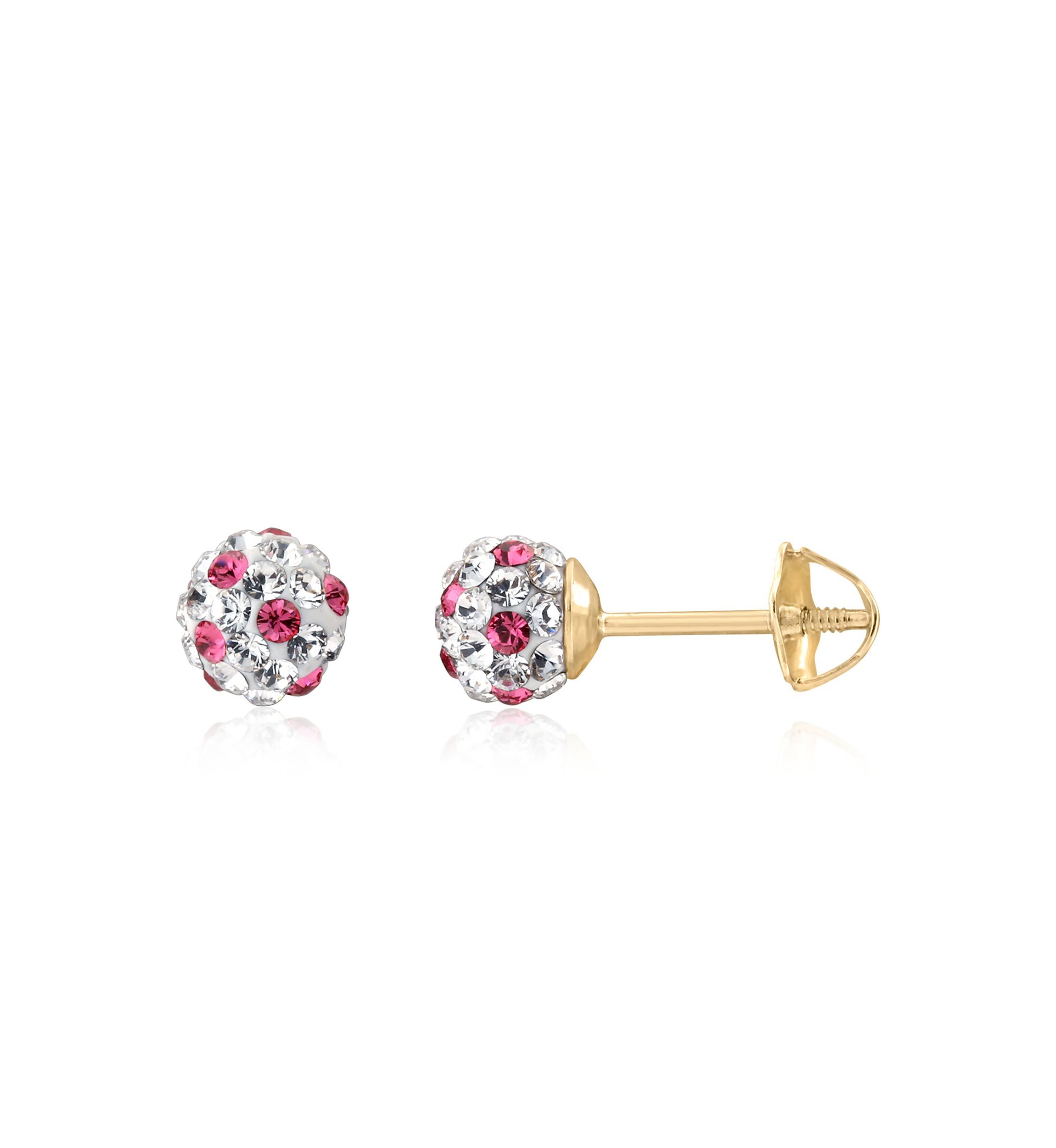 Kids Pink and White Crystal Stud Earrings in 14K Yellow Gold