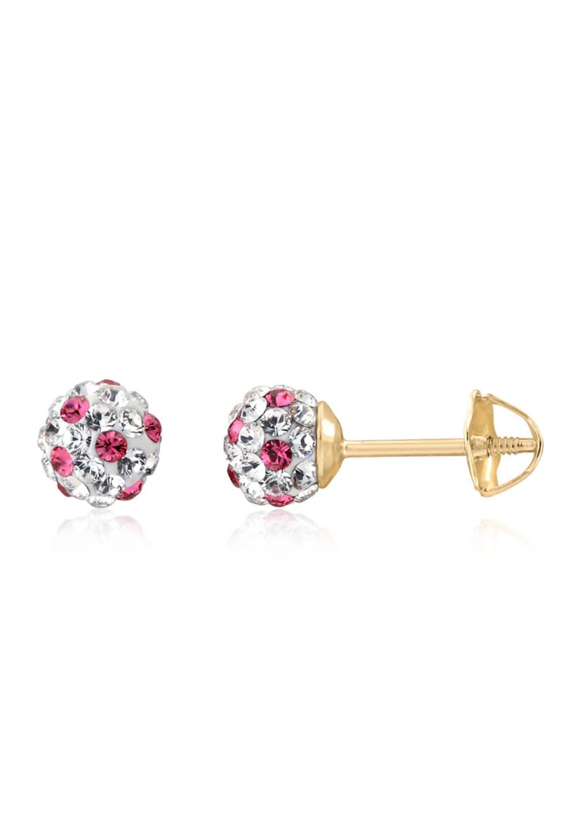 Kids Pink and White Crystal Stud Earrings in 14K Yellow Gold