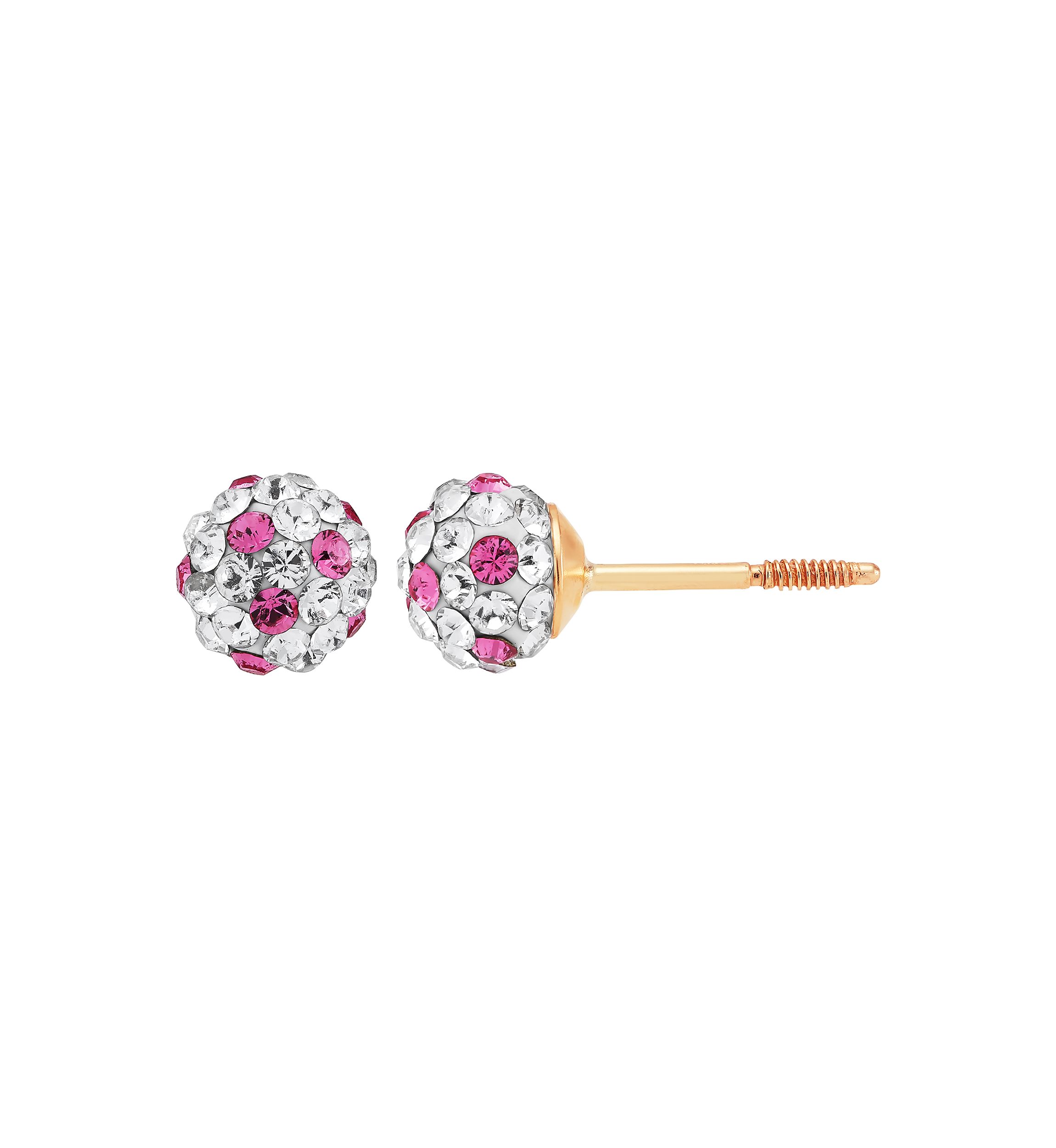 Kids Pink and White Crystal Stud Earrings in 14K Yellow Gold
