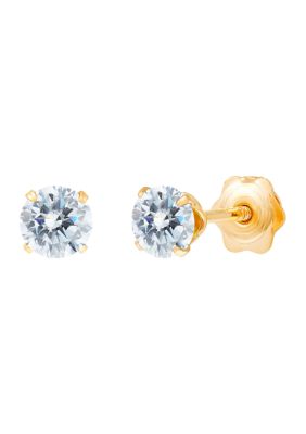 4 Millimeter Round Clear Cubic Zirconia Earrings in 14k Yellow Gold