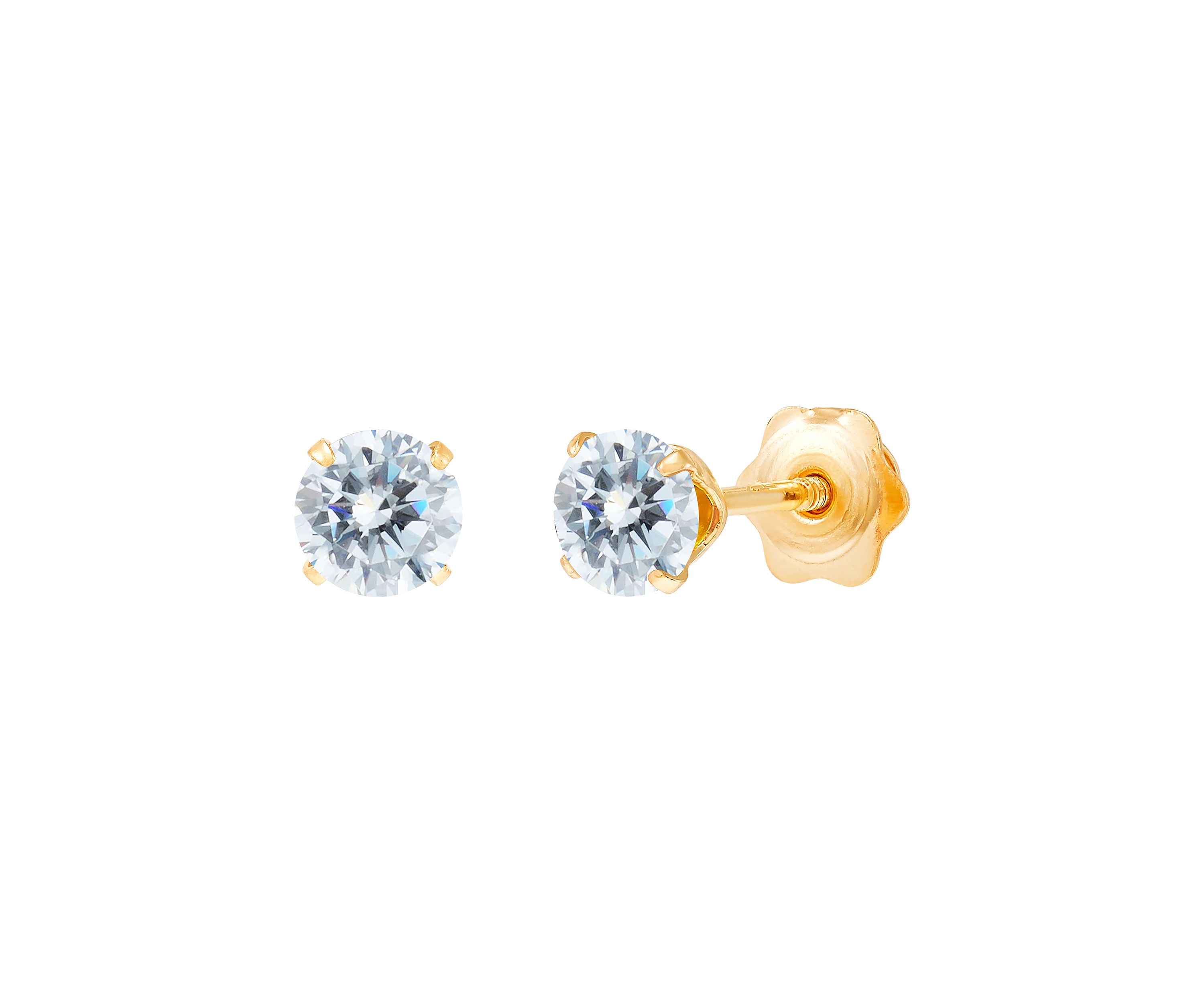 4 Millimeter Round Clear Cubic Zirconia Earrings in 14k Yellow Gold