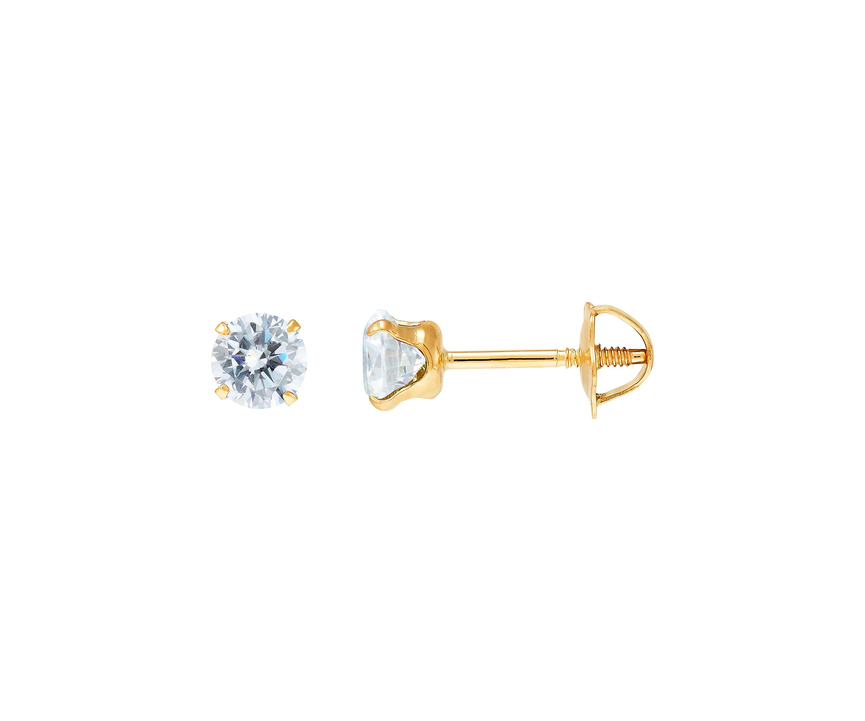 4 Millimeter Round Clear Cubic Zirconia Earrings in 14k Yellow Gold