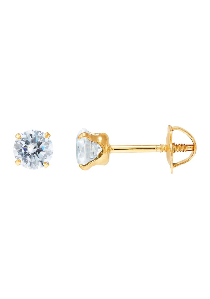 4 Millimeter Round Clear Cubic Zirconia Earrings in 14k Yellow Gold