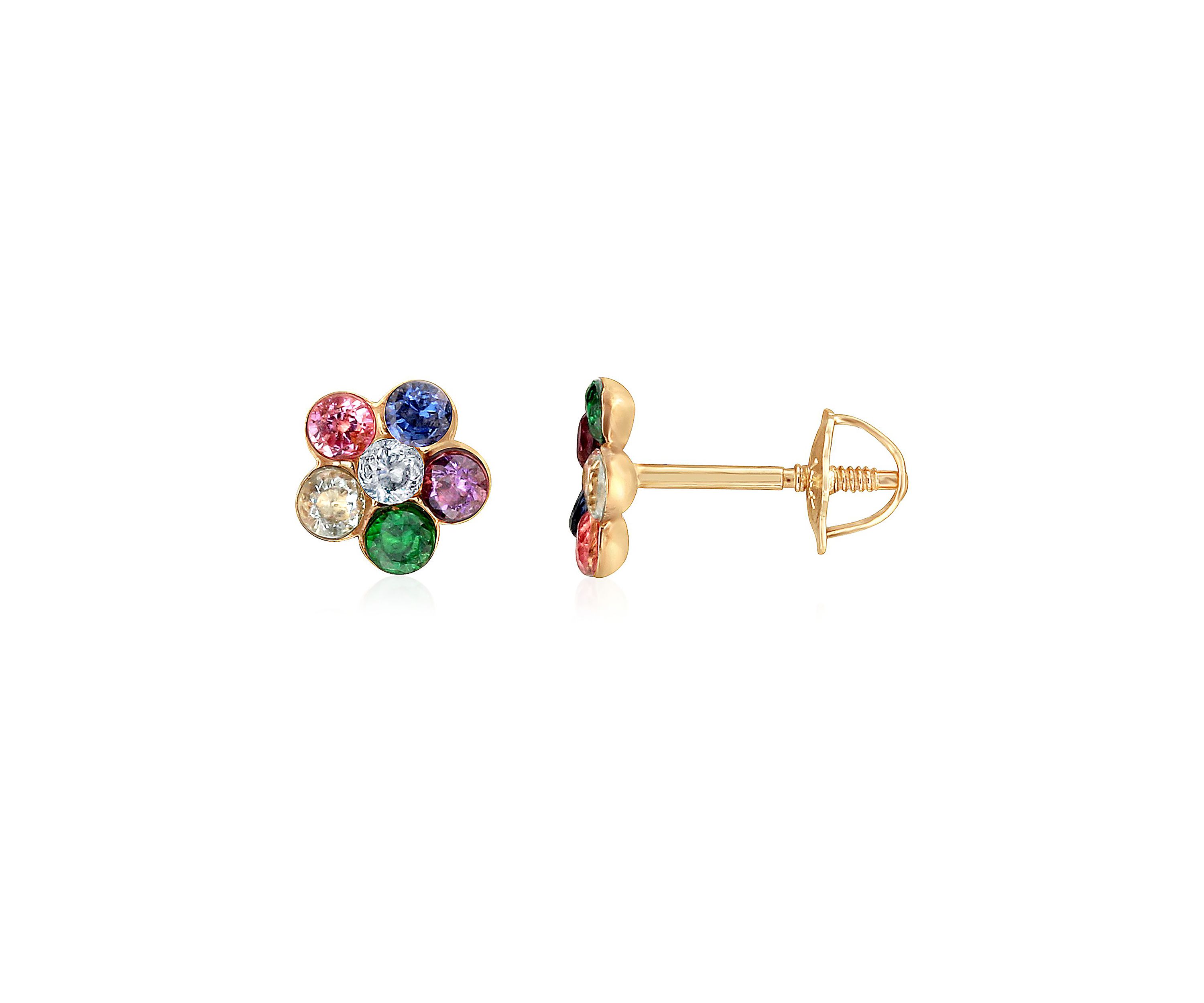 Kids Multi Cubic Zirconia Flower Earrings in 14K Yellow Gold