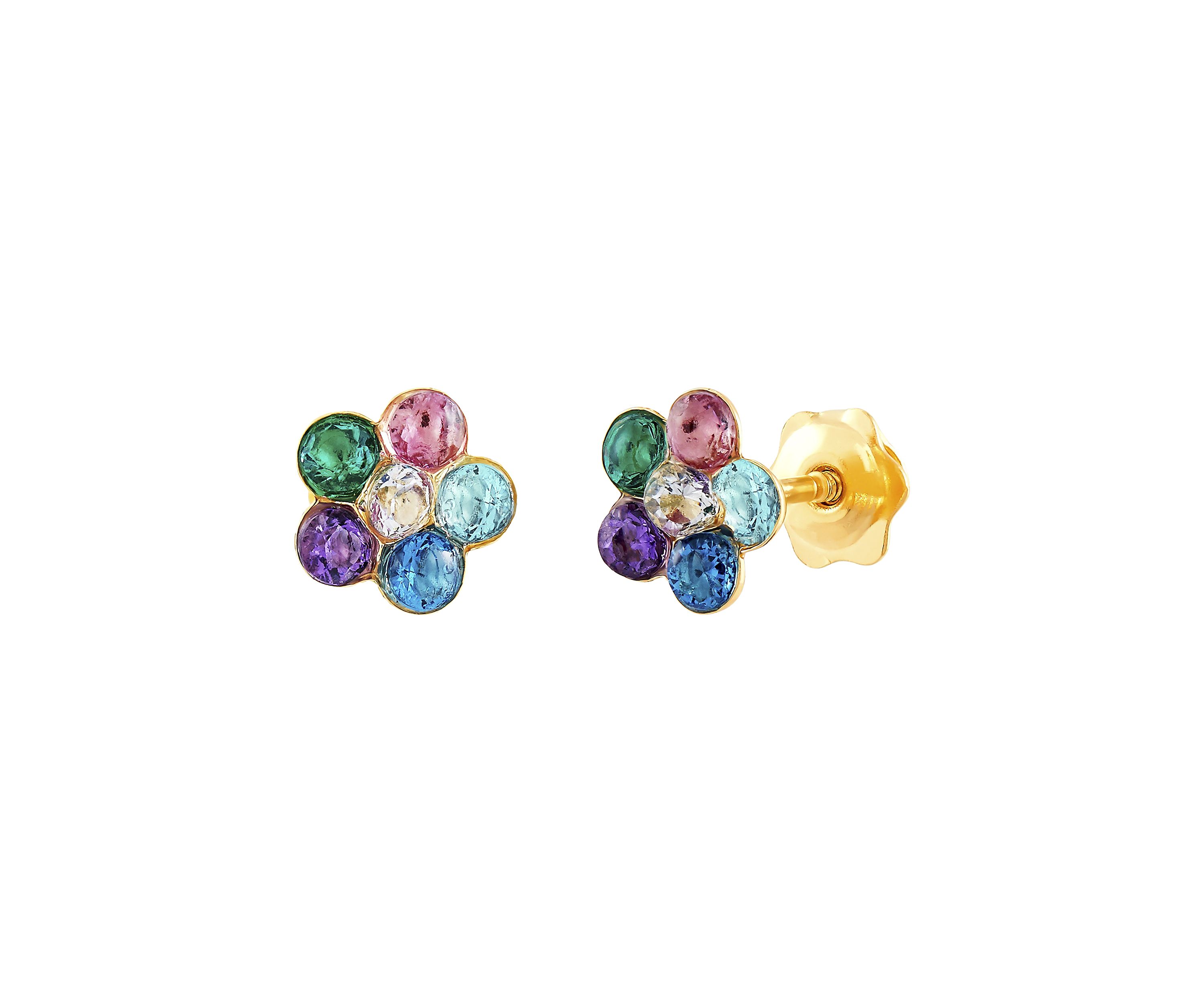 Kids Multi Cubic Zirconia Flower Earrings in 14K Yellow Gold