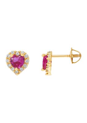 4 Millimeter Heart Created Ruby with Cubic Zirconia Earrings in 14K Yellow Gold 