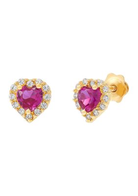 4 Millimeter Heart Created Ruby with Cubic Zirconia Earrings in 14K Yellow Gold 