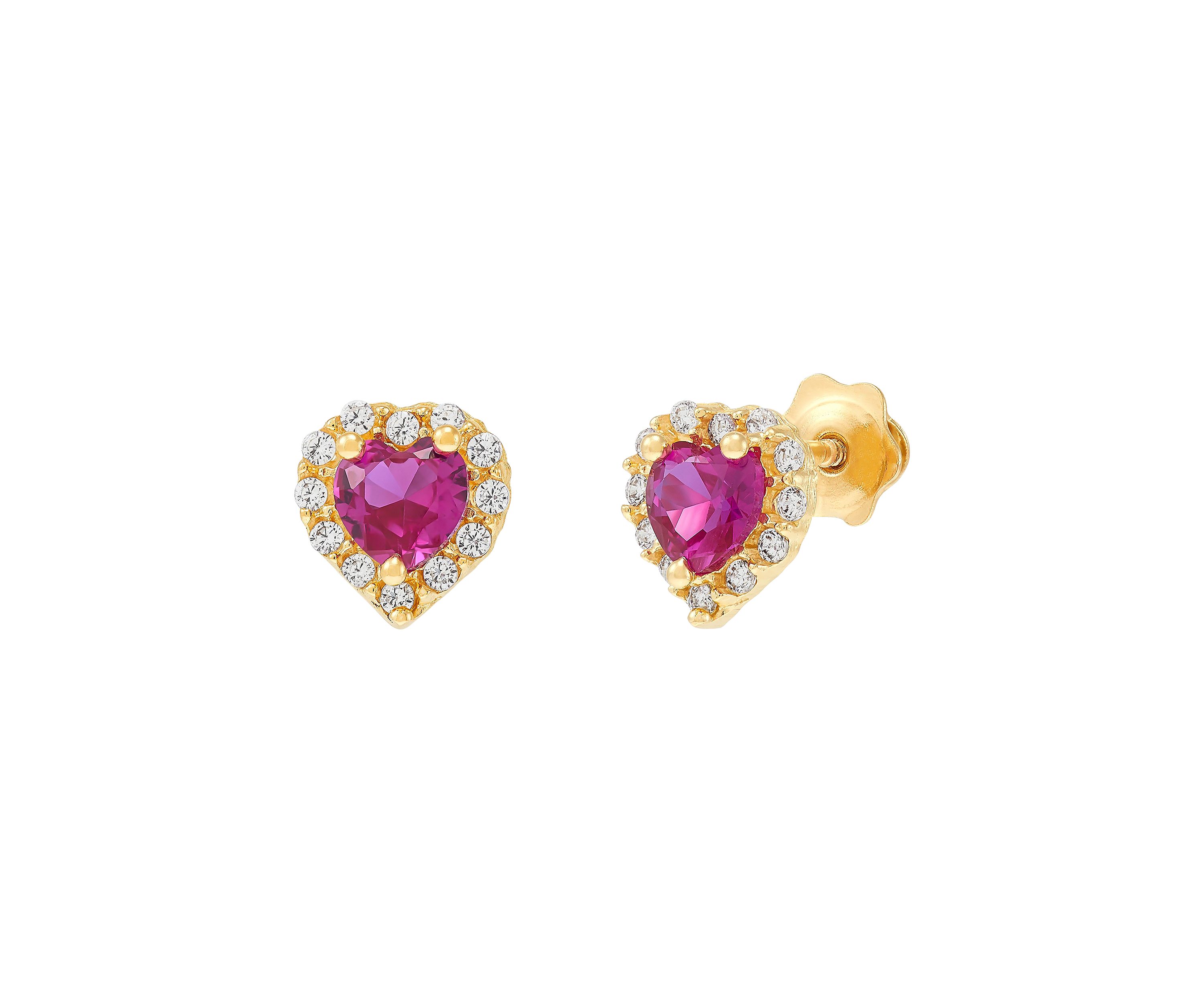 4 Millimeter Heart Created Ruby with Cubic Zirconia Earrings in 14K Yellow Gold 