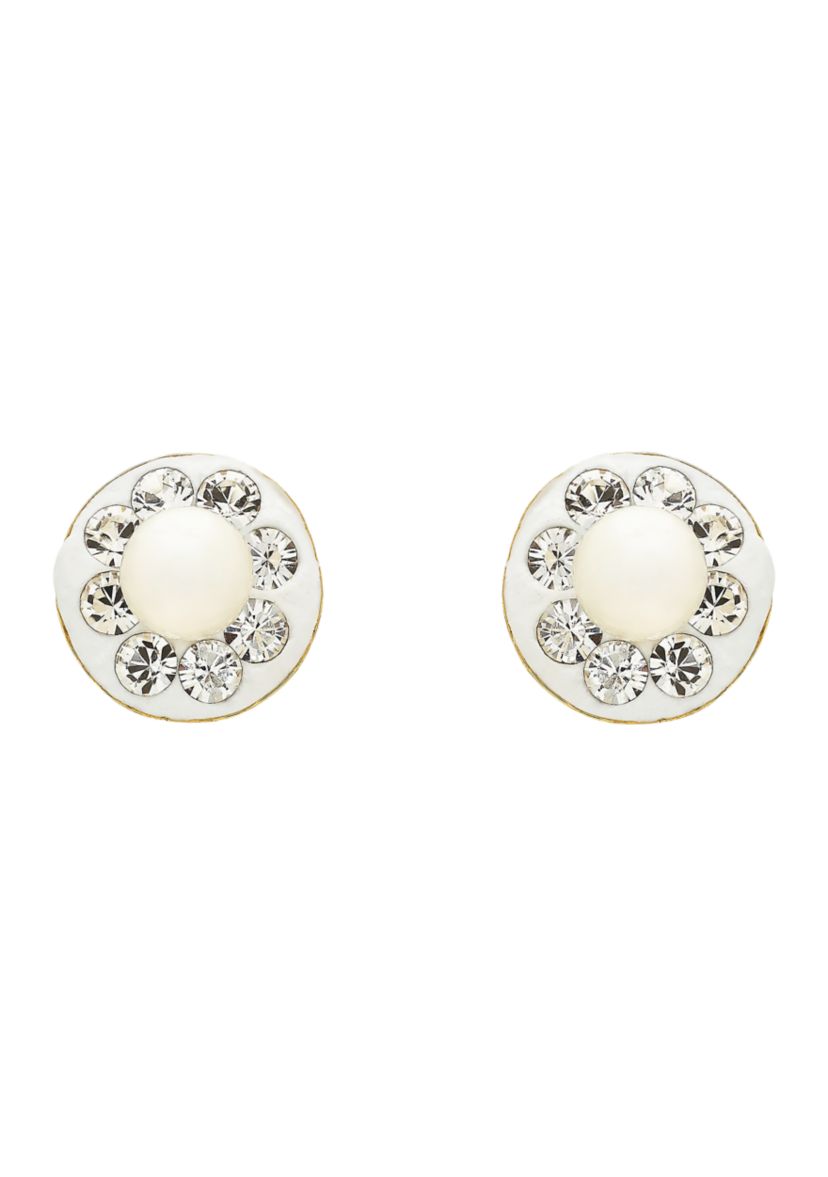 Kids Pearl and Crystal Stud Earrings in 14K Yellow Gold