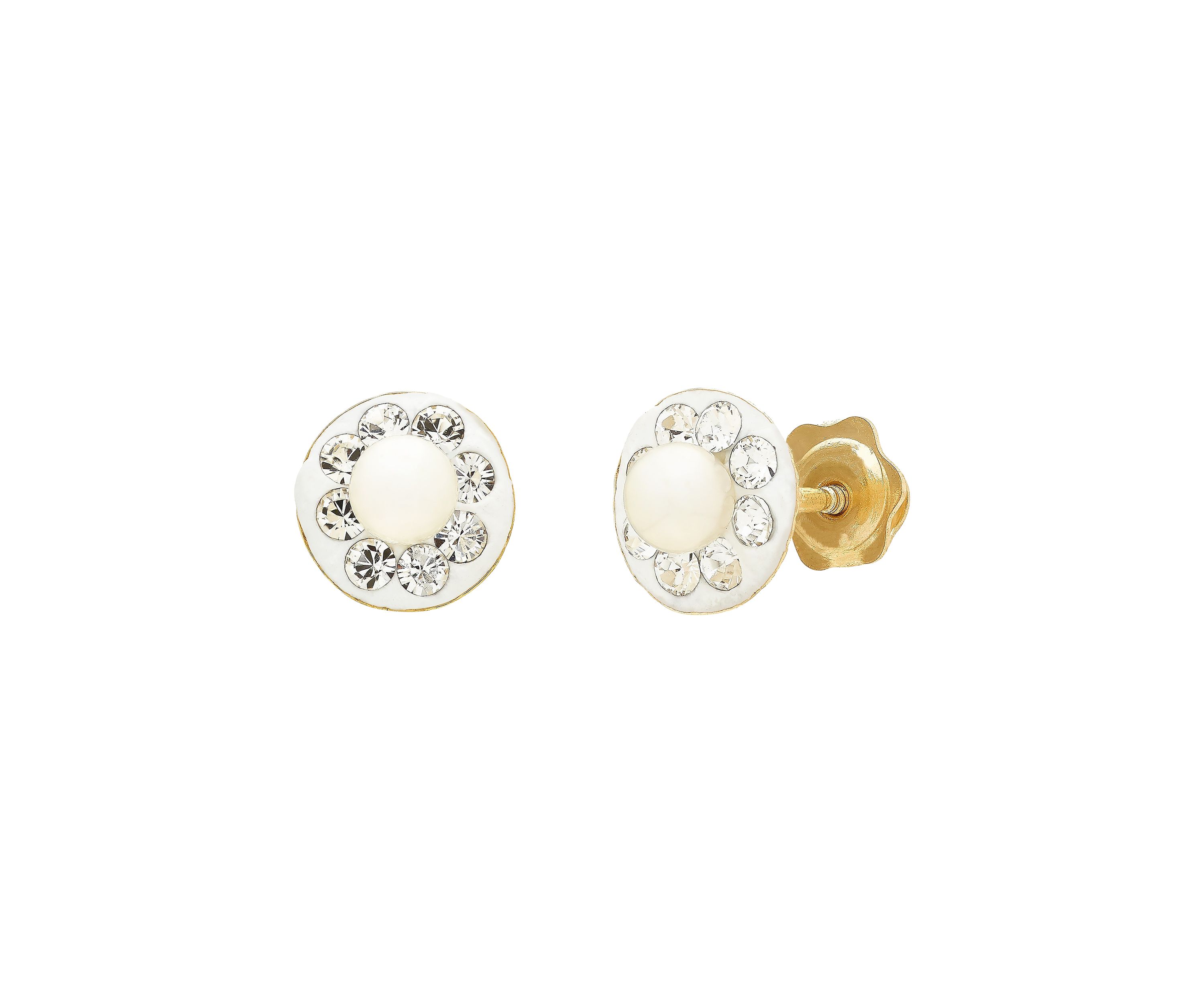Kids Pearl and Crystal Stud Earrings in 14K Yellow Gold