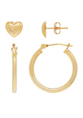 Belk & Co Hoop and Heart Earrings Set in 14k Yellow Gold