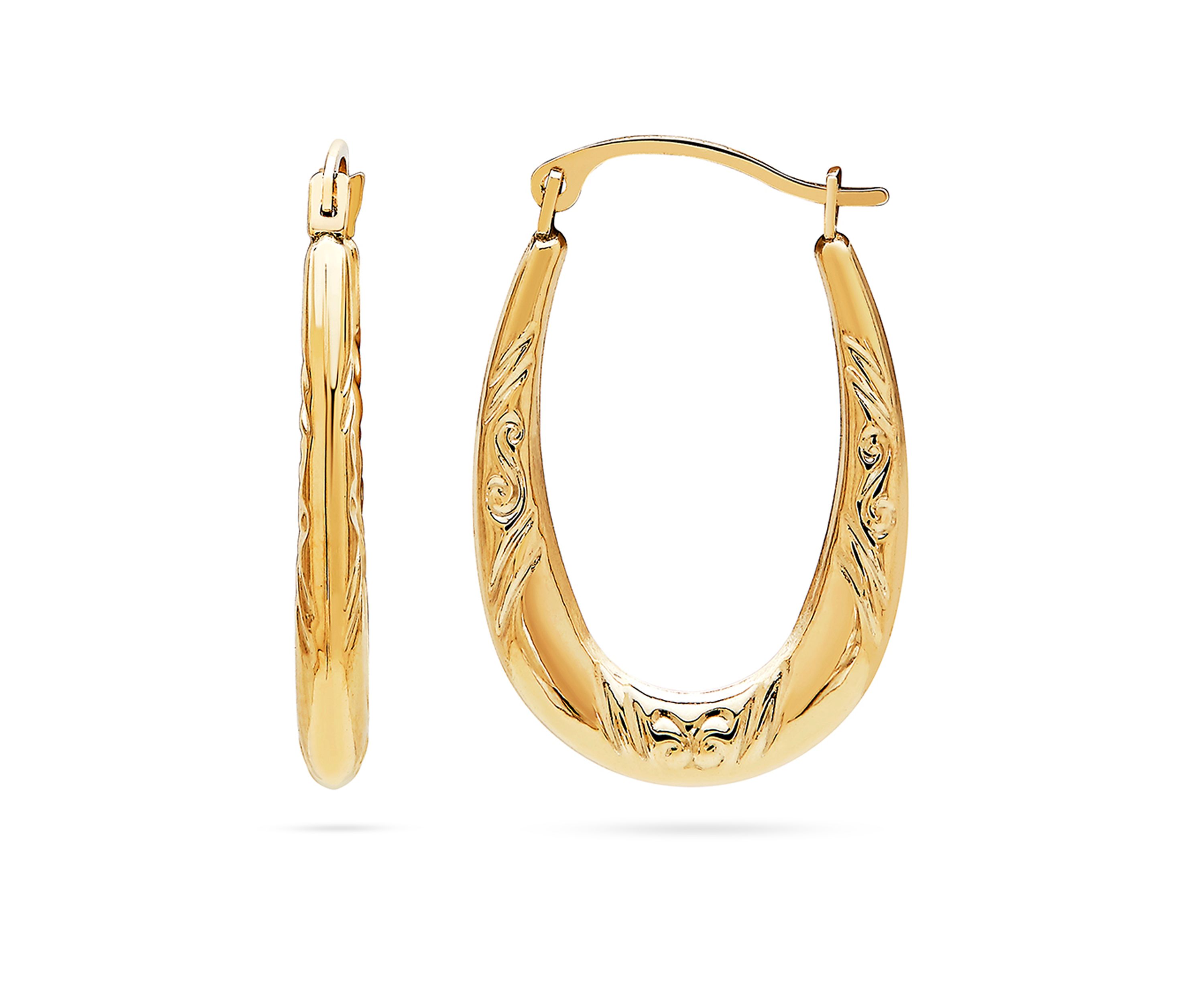 14k Yellow Gold Oval Pattern Hoop Earrings