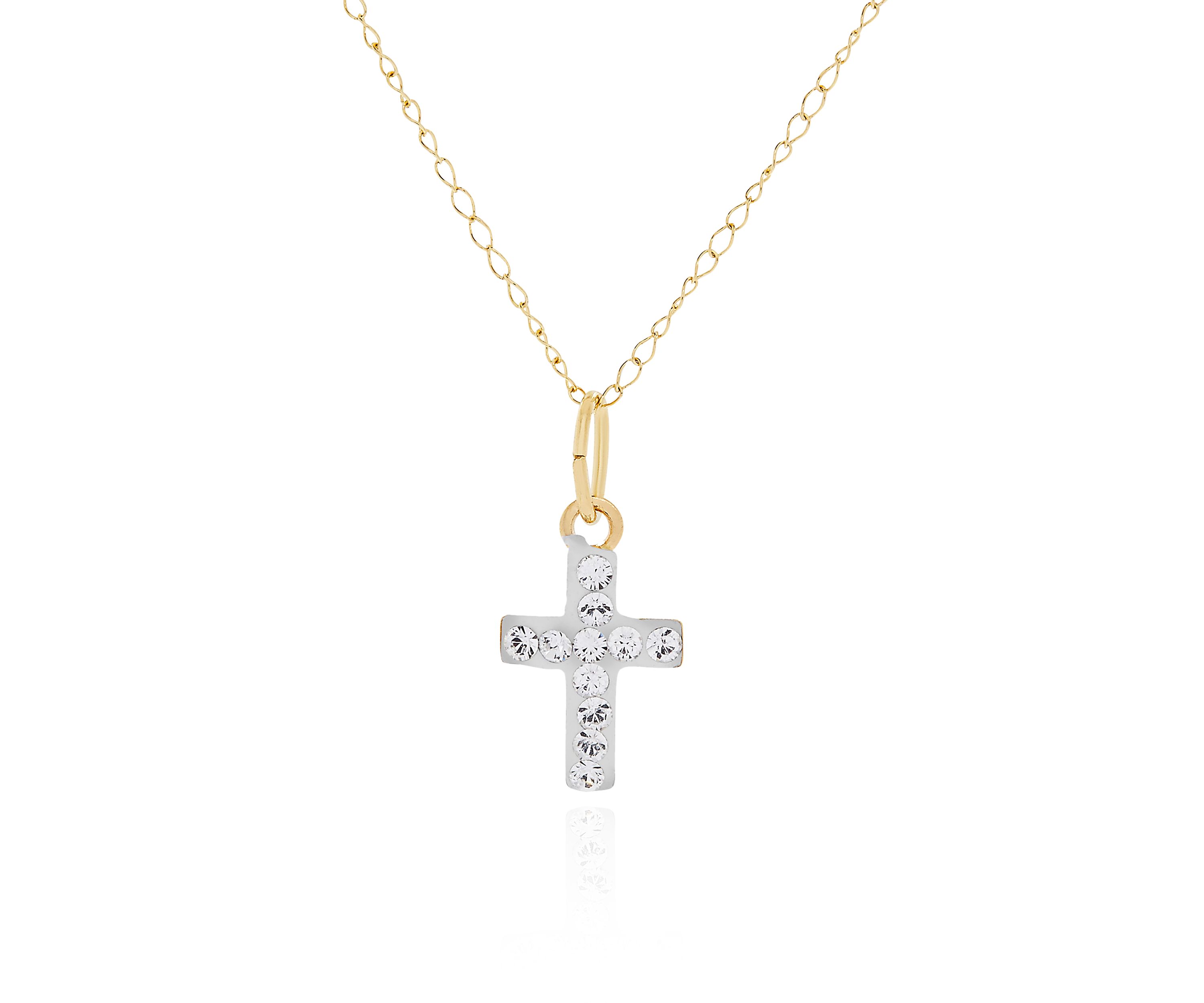 Kids White Crystal Cross Pendant in 14K Yellow Gold