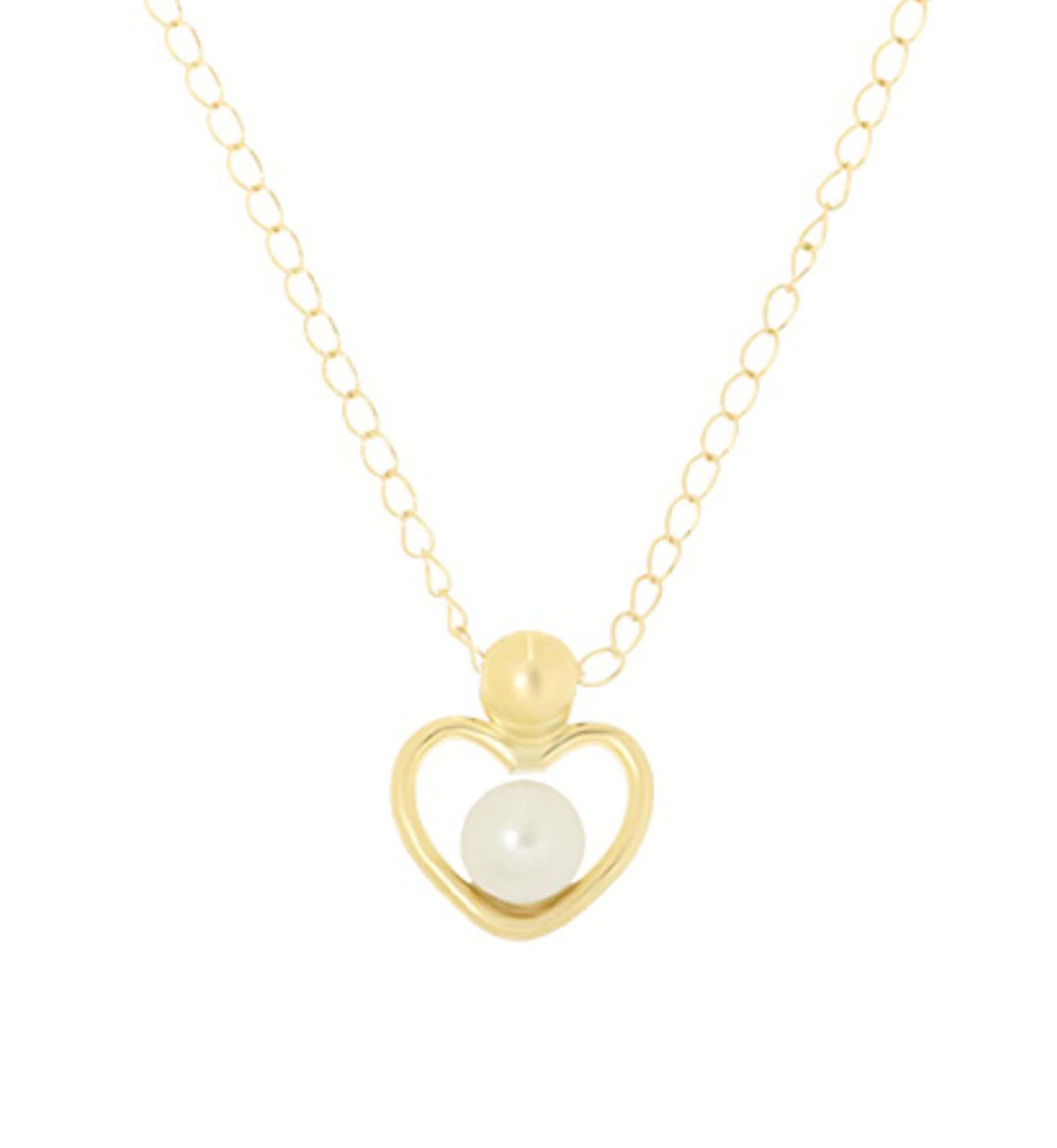 White Pearl Open Heart Pendant Necklace with 13" Curb Chain in 14K Yellow Gold