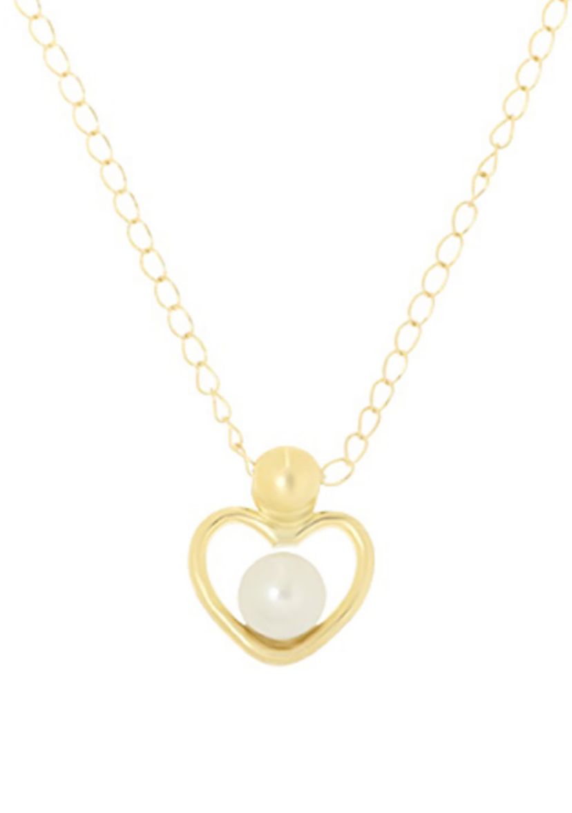 White Pearl Open Heart Pendant Necklace with 13" Curb Chain in 14K Yellow Gold