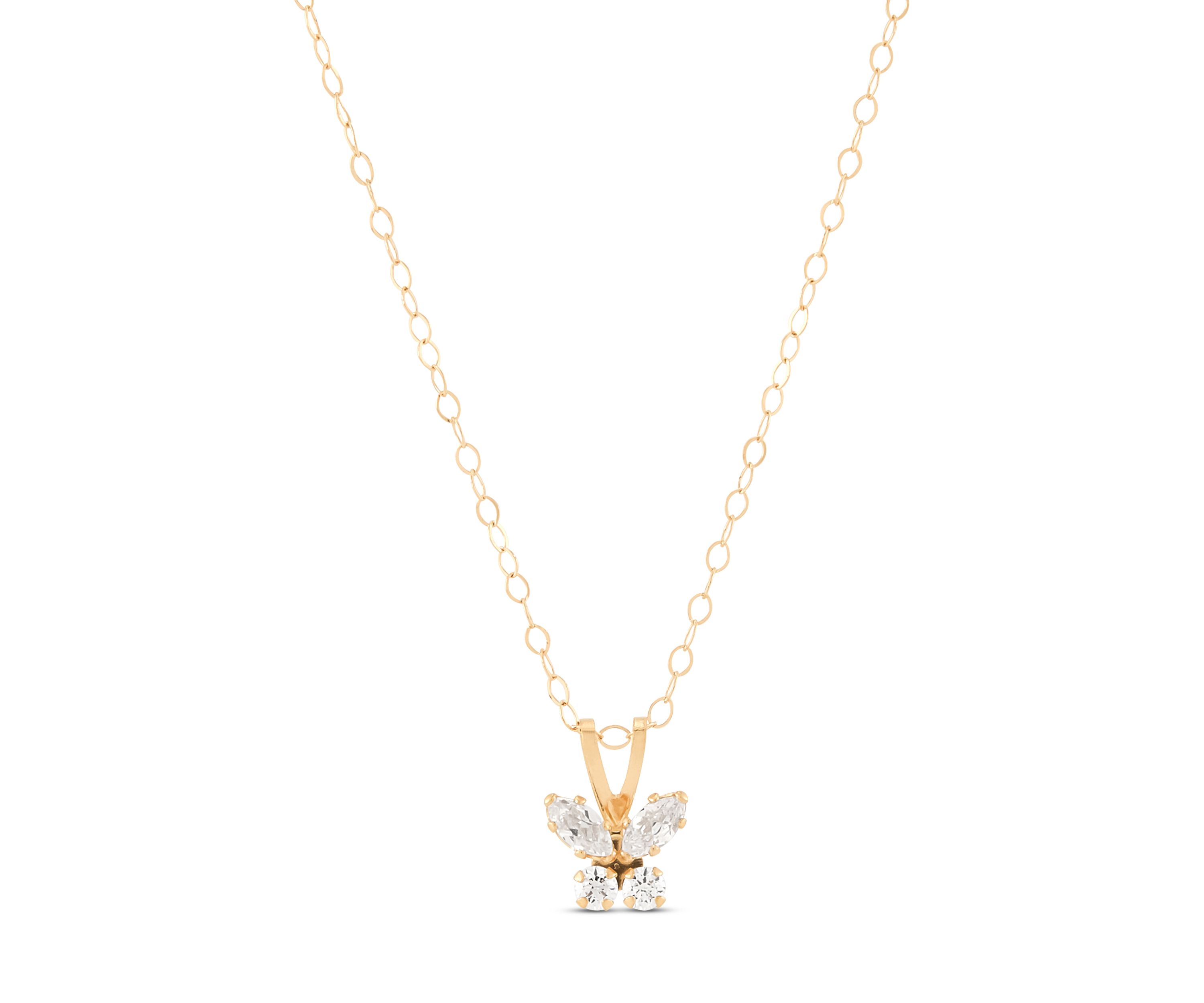 Cubic Zirconia Butterfly Kid Pendant Necklace with 15" Cable Chain in 14K Yellow Gold