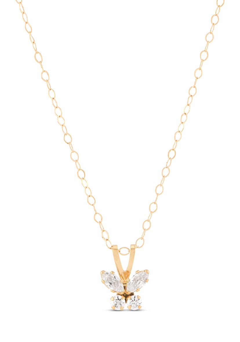 Cubic Zirconia Butterfly Kid Pendant Necklace with 15" Cable Chain in 14K Yellow Gold