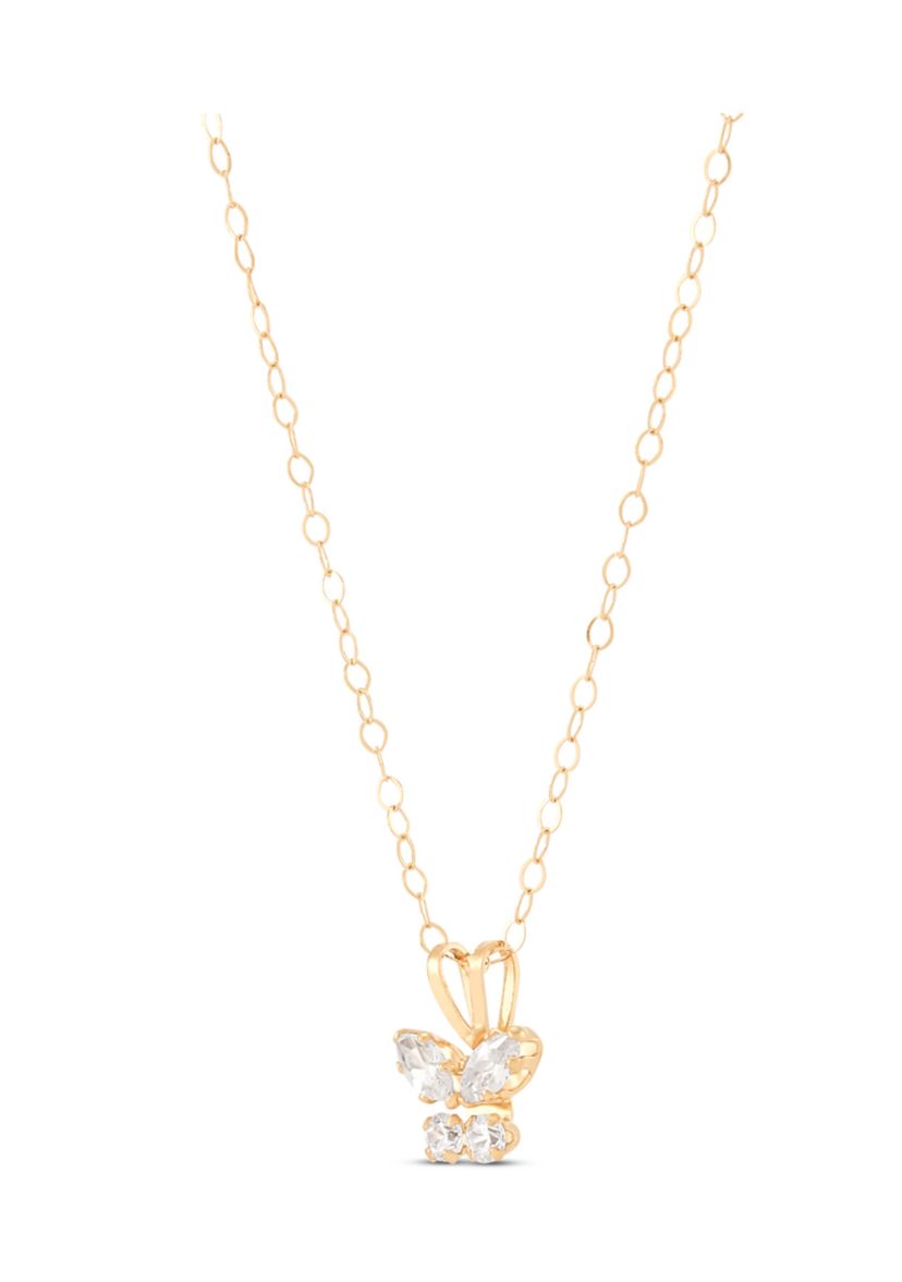 Cubic Zirconia Butterfly Kid Pendant Necklace with 15" Cable Chain in 14K Yellow Gold