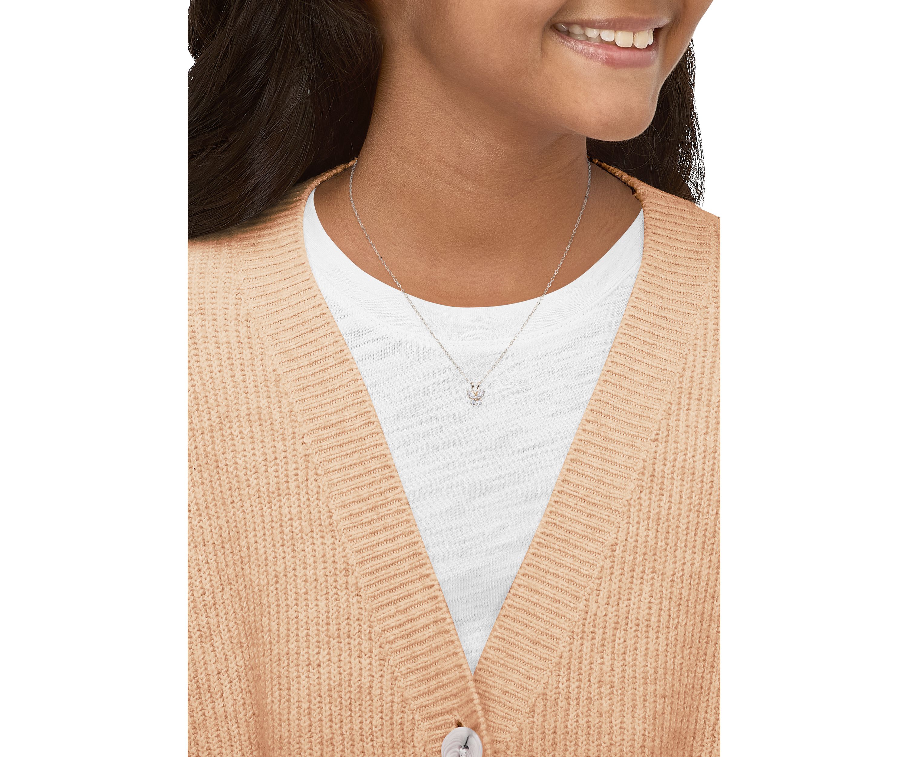 Cubic Zirconia Butterfly Kid Pendant Necklace with 15" Cable Chain in 14K Yellow Gold