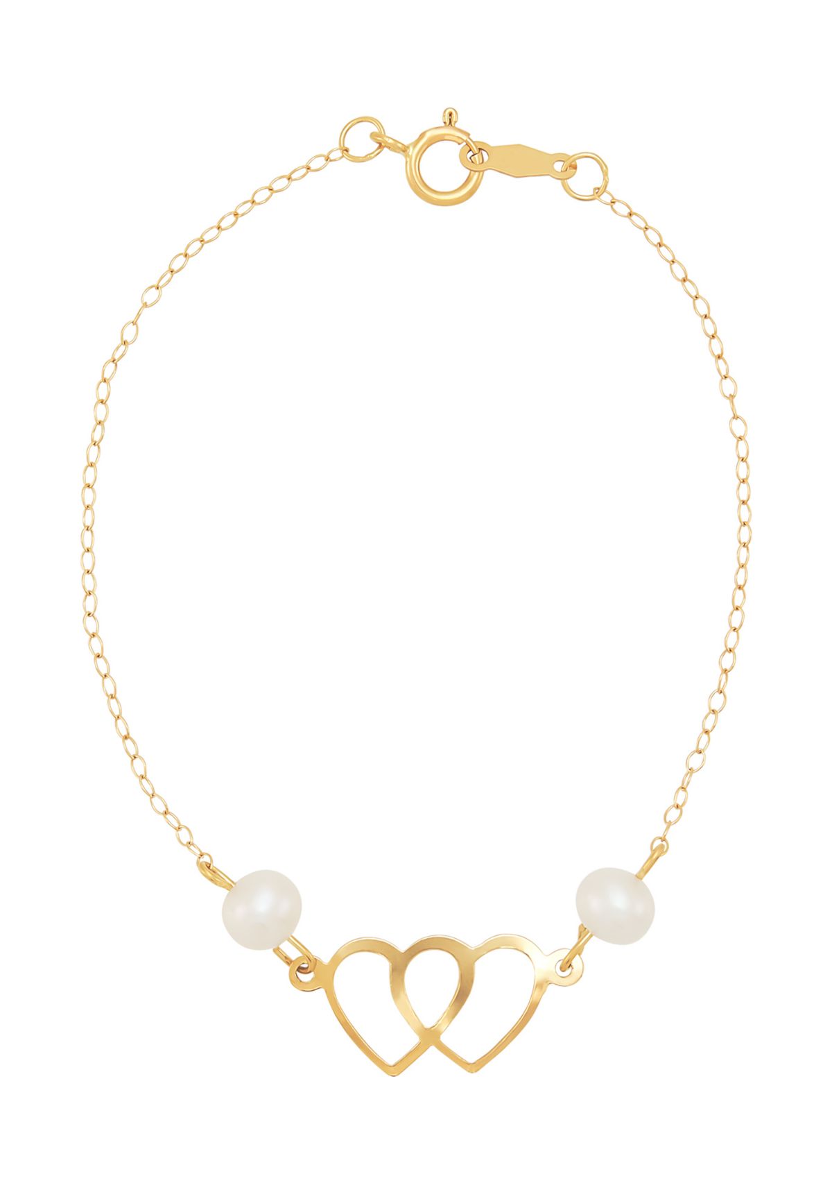 Pearl Double Heart Bracelet in 14K Yellow Gold