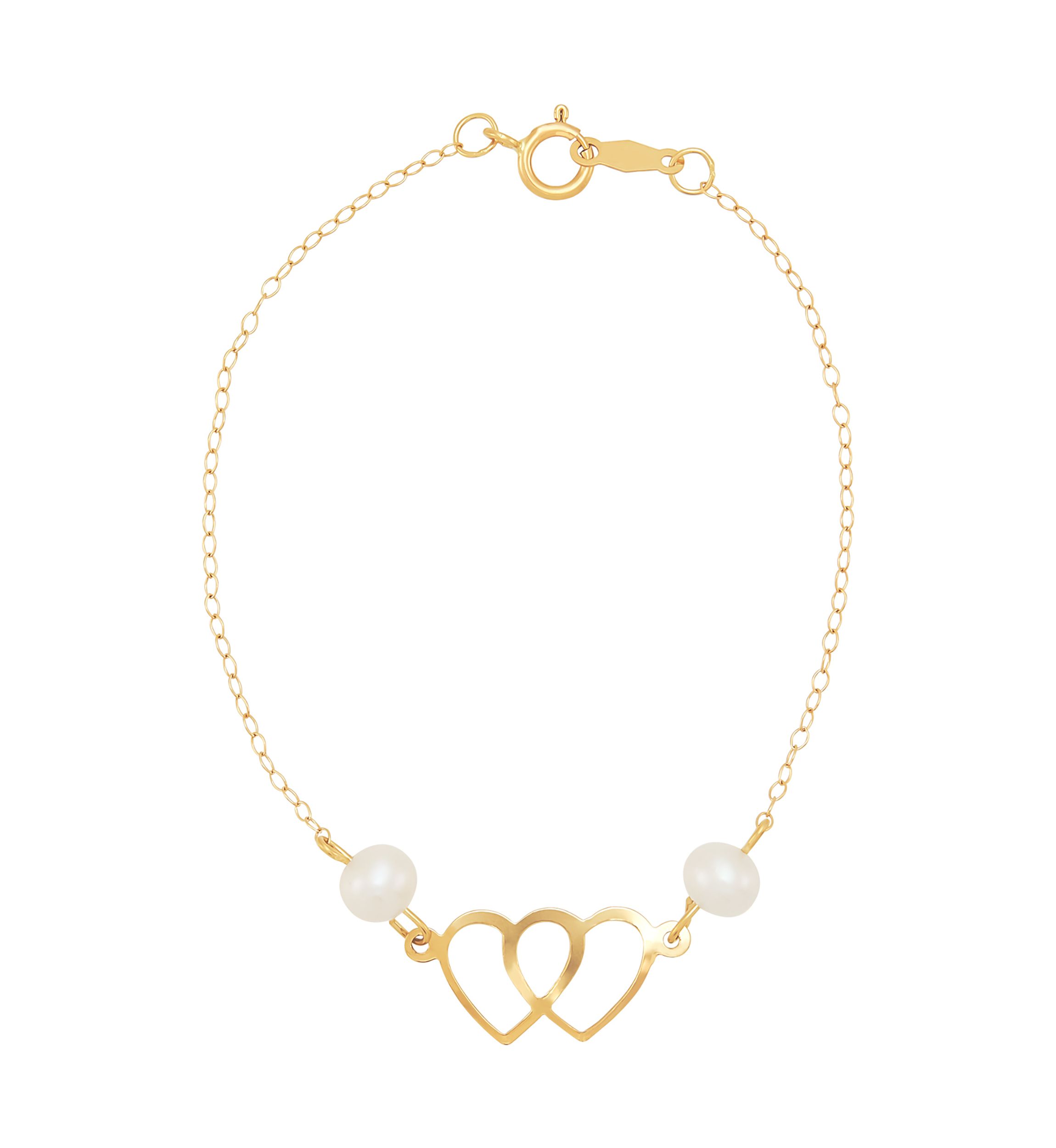 Pearl Double Heart Bracelet in 14K Yellow Gold
