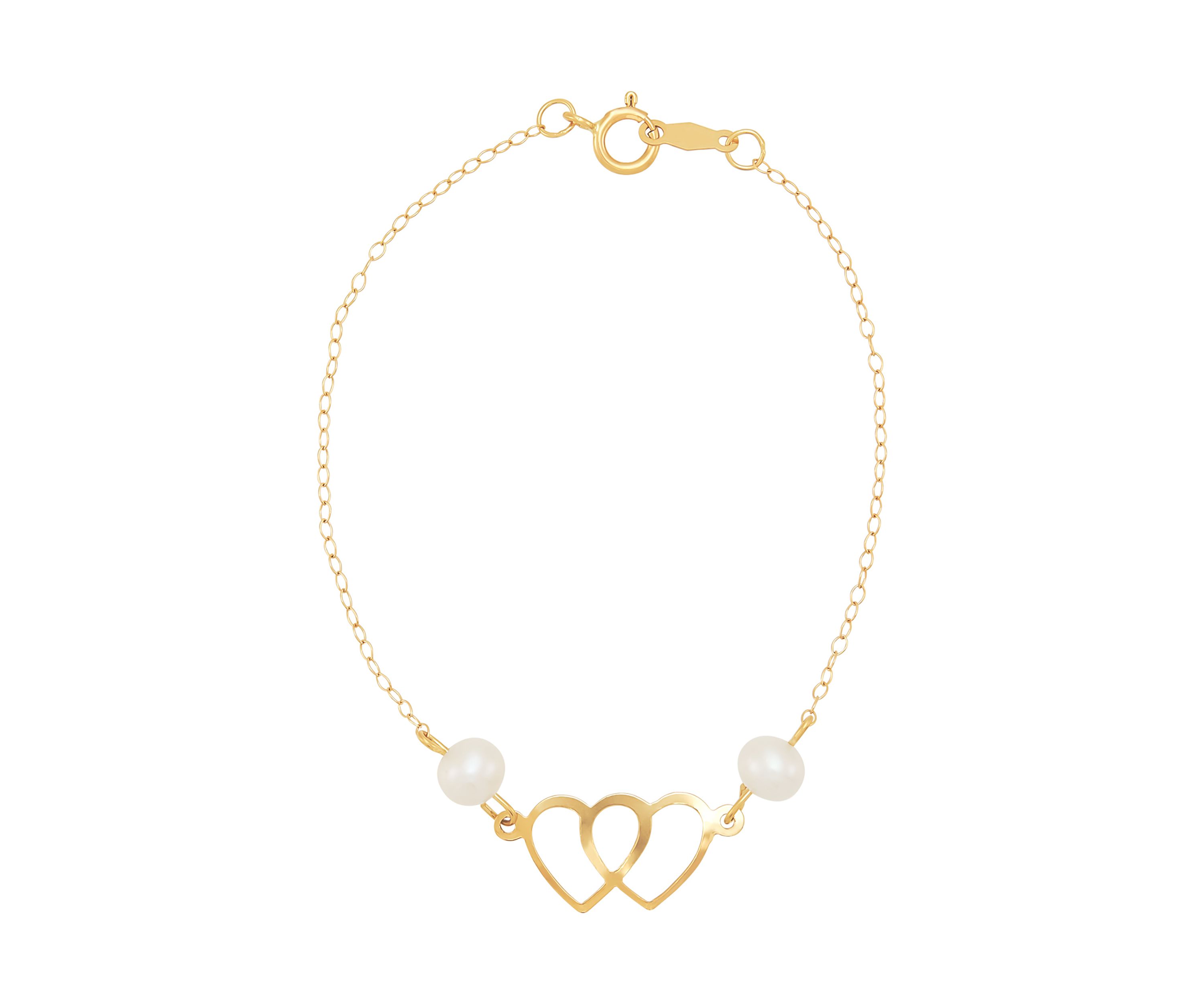 Pearl Double Heart Bracelet in 14K Yellow Gold