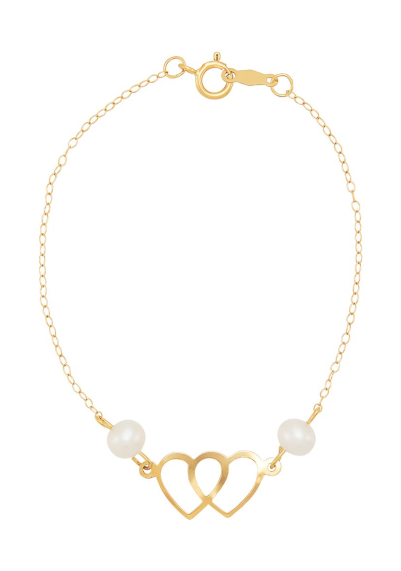 Pearl Double Heart Bracelet in 14K Yellow Gold