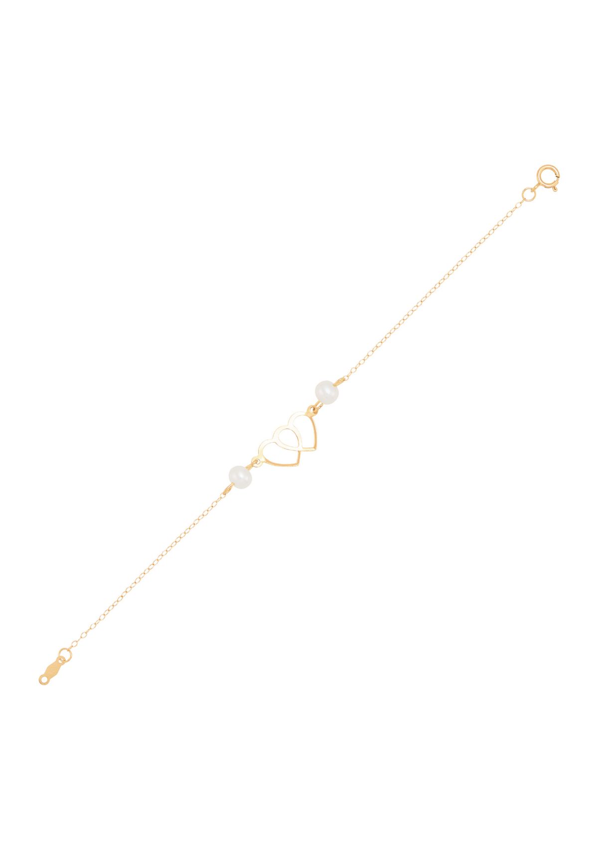Pearl Double Heart Bracelet in 14K Yellow Gold