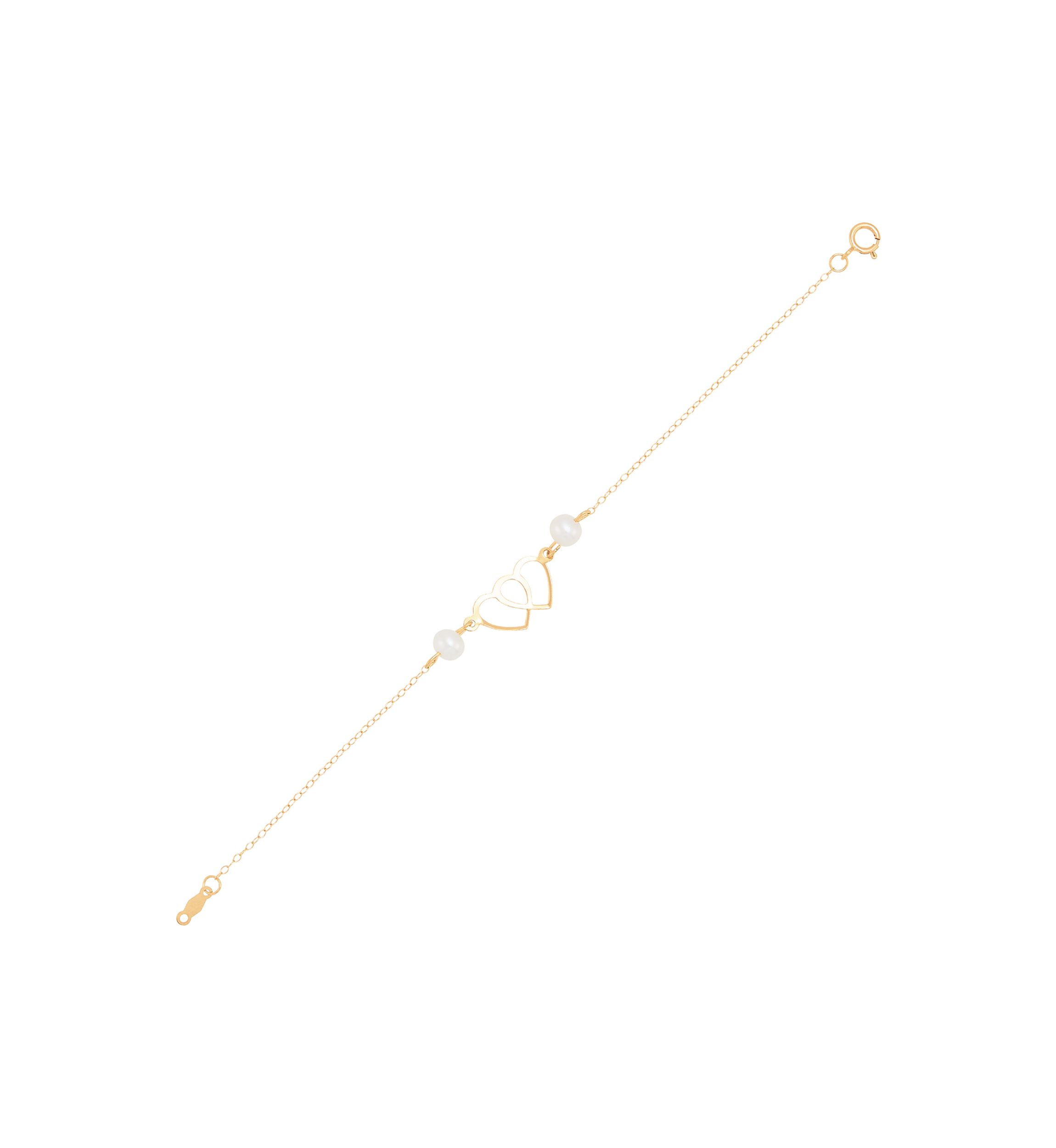 Pearl Double Heart Bracelet in 14K Yellow Gold
