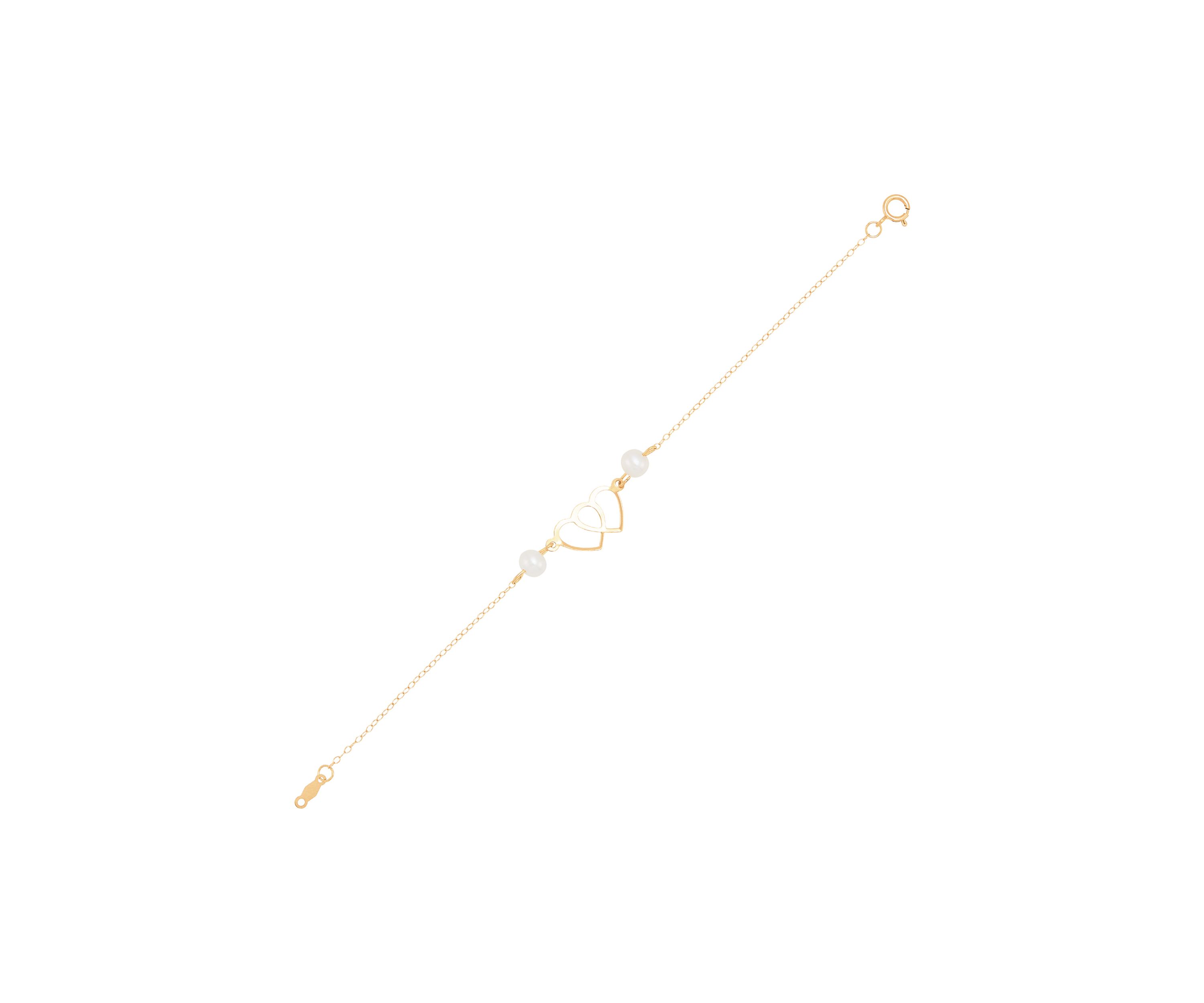 Pearl Double Heart Bracelet in 14K Yellow Gold