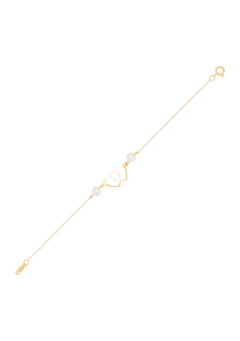 Pearl Double Heart Bracelet in 14K Yellow Gold