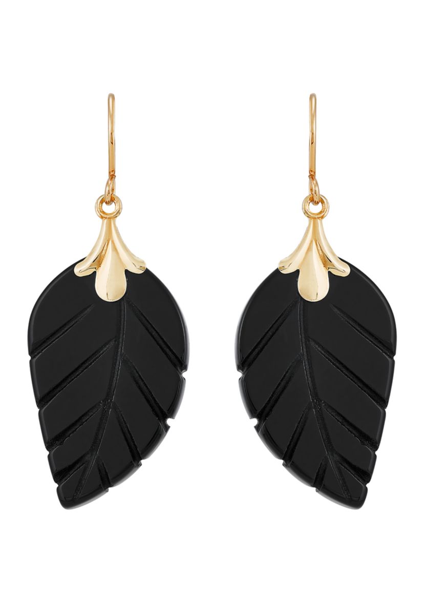 Onyx Leaf Earrings in 10K Yellow Gold