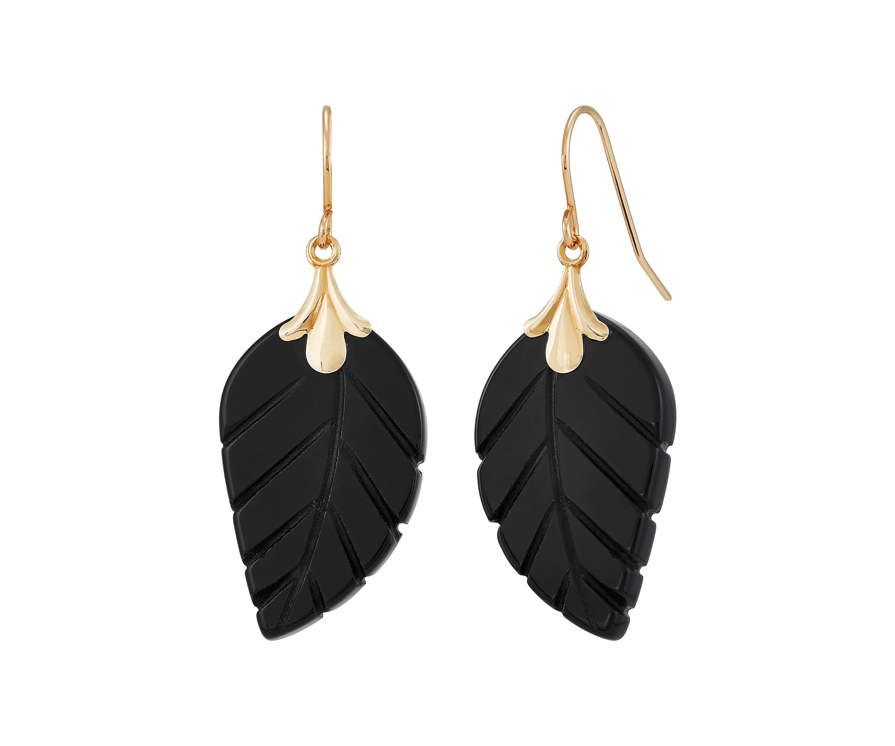 Onyx Leaf Earrings in 10K Yellow Gold
