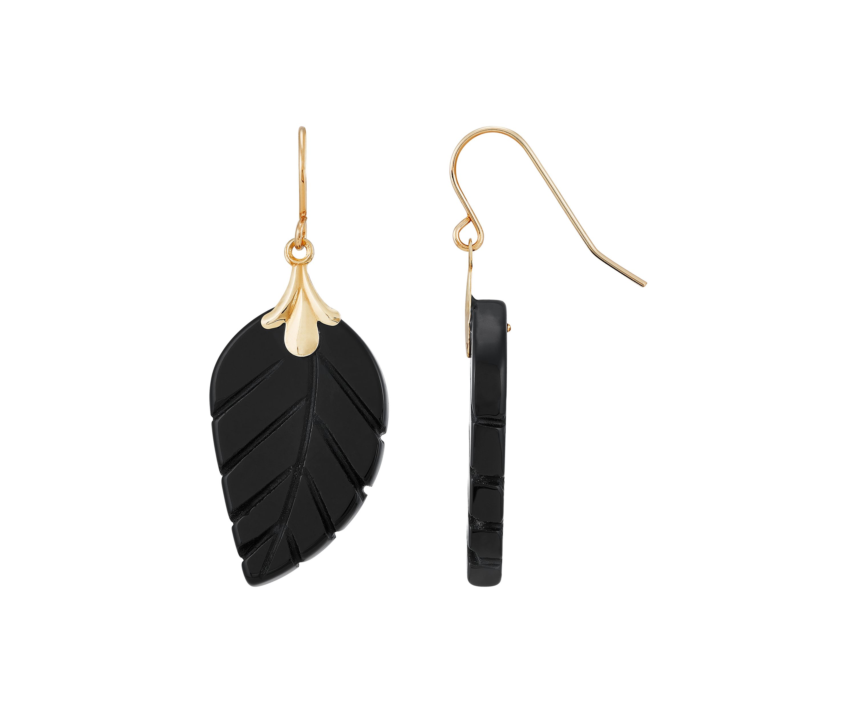 Onyx Leaf Earrings in 10K Yellow Gold