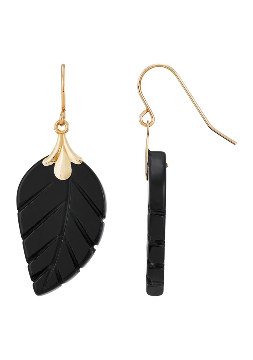 Onyx Leaf Earrings in 10K Yellow Gold